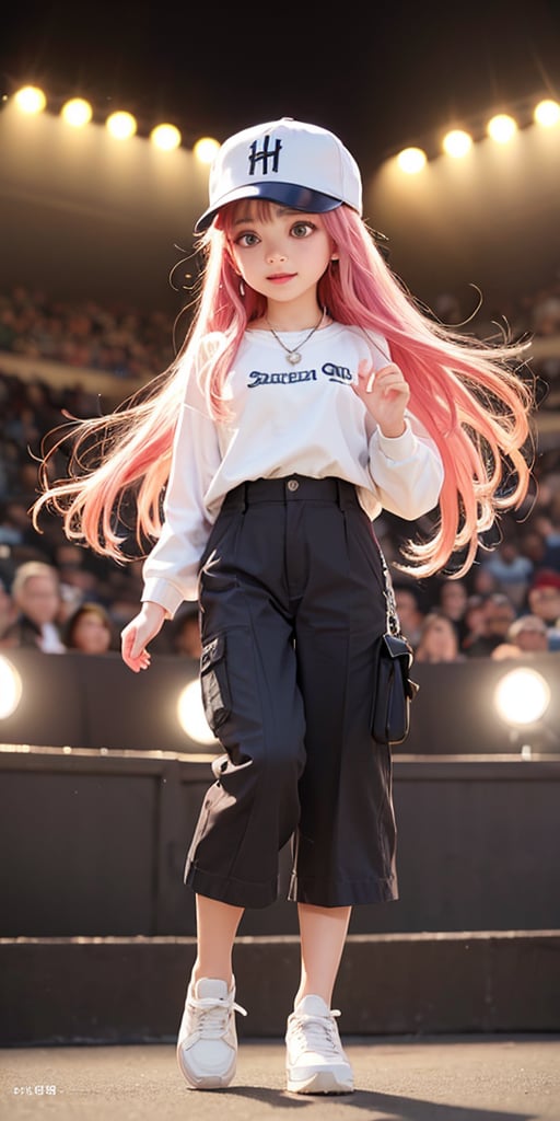 blue gradient hair(very long hair, curly_hair),long ponytail,hiphop dancer,wearing all black clothes (loose fit top and wide cargo pants),sneakers,accessories(necklace,ear_rings)baseball cap,   cowboy_shot,light pink_hair,brown hair,
((20 year old girl:1.4)),beautiful detailed eyes, complete anatomy, (realism: 1.2), beautiful girl with fine details, detailed face, beautiful shining body, 1 girl, (( aquamarine eyes, tall eyes, Big eyes)), random angles, bangs, detailed face, super detailed, perfect face, (highly detailed face:1.4), happiness, Best Quality, Masterpiece, Natural Light, (RAW Photo, Best Quality, Masterpiece: 1.2), Ray-traced reflections, photon mapping, ultra-high resolution, 16k images, depth of field,masterpiece,best quality,(complex light),((Disco, in the spotlight)), colored inner hair,((Crowd of people background))