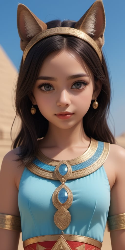 ((7year old girl:1.5)), ((flat chest, Toddler:1.4 ))1girl, petite girl, children's body, beautiful shining body,petite,beautiful girl with fine details,detailed face, bangs,((darkbrown hair:1.3)),((very short hair:1.4)), high eyes,(aquamarine eyes),tall eyes,Beautiful and delicate eyes, Beautiful eyes,((tareme,animated eyes, big eyes,droopy eyes:1.2)),(thick eyebrows), ((Bastet inspired costume: 1.4)) ((Egypt, Pyramids)) black skin,natural light,((random expression)),random Angle, ((realism: 1.2 )), dynamic far view shot,cinematic lighting, perfect composition, by sumic.mic, ultra detailed, official art, masterpiece, (best quality:1.3), reflections, extremely detailed cg unity 8k wallpaper, detailed background, masterpiece, best quality , (masterpiece), (best quality:1.4), (ultra highres:1.2), (hyperrealistic:1.4), (photorealistic:1.2), best quality, high quality, highres, detail enhancement,more detail XL,xxmixgirl,xxmix_girl,<lora:659095807385103906:1.0>