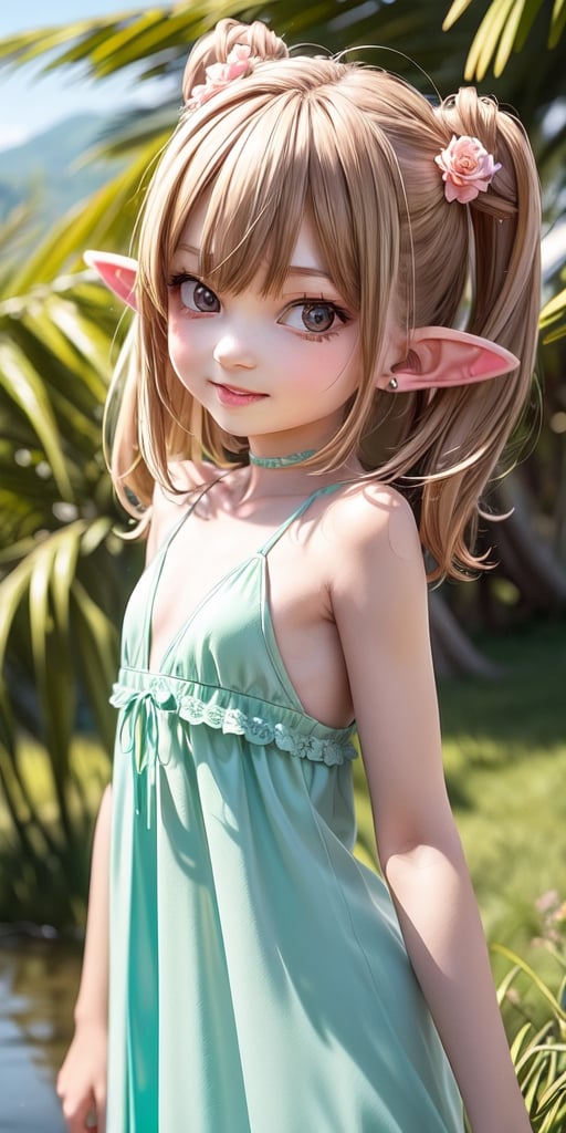 ((6 year old girl:1.4)),((flat chest)),complete anatomy, loli, beautiful girl with fine details,  detailed face, beautiful shining body,((Toddler body:1.3)),detailed face,  super detailed, perfect face, (highly detailed face:1.4),((elf ears, long ears)),choker,dagger,

beautiful detailed eyes, ((tall eyes, Big eyes)), aquamarine eyes, 
 
blond hair, bangs,((short hair:1.4)),
Floral hair ornament,
 1 girl, ((pastel green maxi dress)), ((forest background)), random angles, morning light, (bright lighting:1.2), ((happiness)), Natural Light,realhands, 

(realism:1.2),
Best Quality, Masterpiece, 
(RAW Photo, Best Quality, Masterpiece:1.2), Ray-traced reflections, photon mapping,
 ultra-high resolution, 16k images, depth of field,AIDA_LoRA_BelK