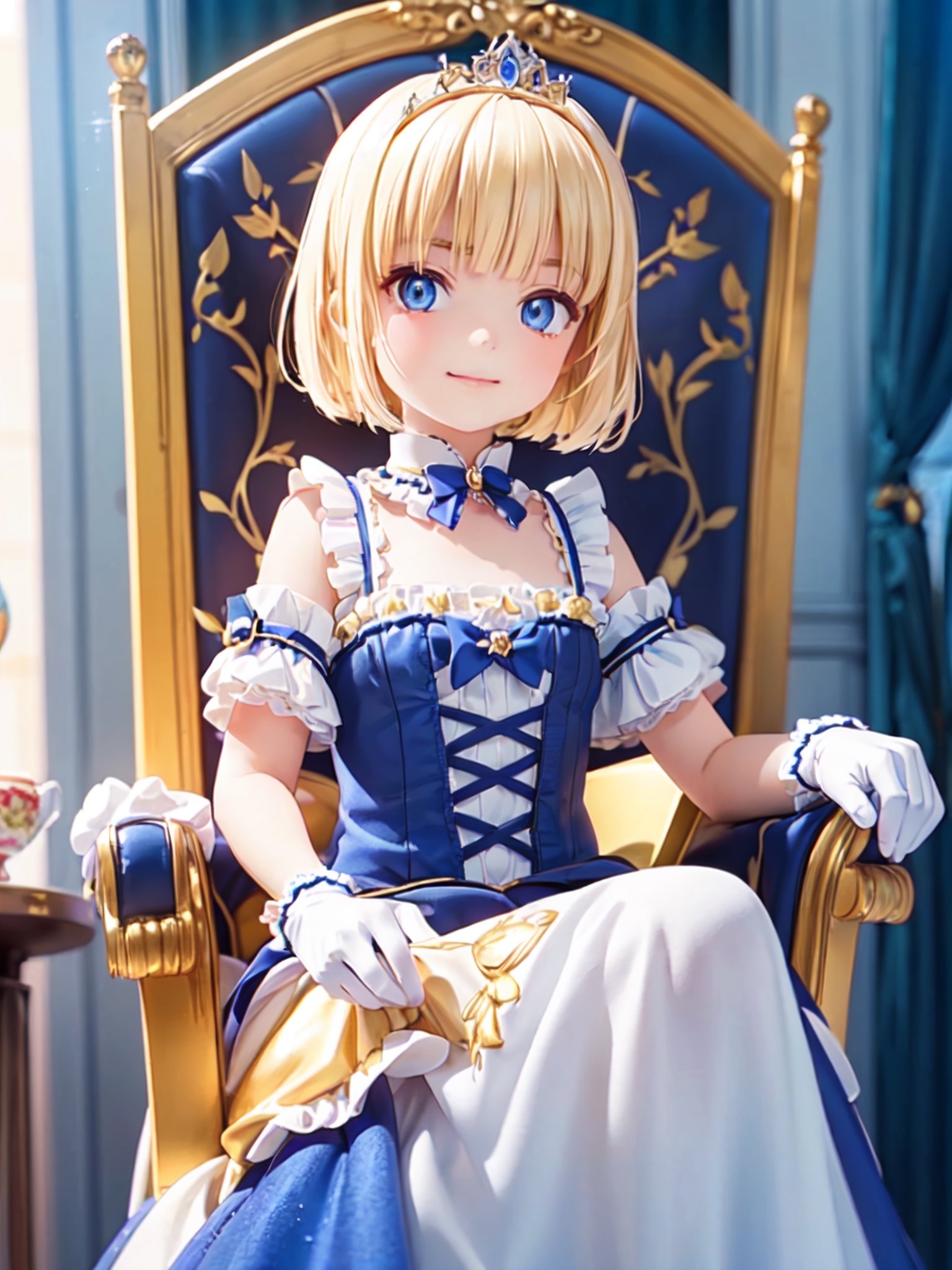 ((12year old girl:1.5)),1girl, loli, petite girl, Portrait, children's body, beautiful shining body, bangs,((blonde hair:1.3)),high eyes,(blue eyes), petite,tall eyes, beautiful girl with fine details, Beautiful and delicate eyes, detailed face, Beautiful eyes,((golden tiara with sapphire decoration)),((light blue gothic lolita ball gown:1.4)),((long skirt:1.7)),(( white neck ruffle, white frill)),((white tights)), blue shoes, ((white gloves with gold decoration)), natural light,((realism: 1.2 )), dynamic far view shot,cinematic lighting, perfect composition, by sumic.mic, ultra detailed, official art, masterpiece, (best quality:1.3), reflections, extremely detailed cg unity 8k wallpaper, detailed background, masterpiece, best quality , (masterpiece), (best quality:1.4), (ultra highres:1.2), (hyperrealistic:1.4), (photorealistic:1.2), best quality, high quality, highres, (short hair:1.4)),((bright lighting:1.3)), ((tareme,animated eyes, big eyes,droopy eyes:1.2)),sitting on the throne,((tsurime,v-shaped eyebrows,smirk:1.2)),(throne room background:1.4)),perfect,hand,((Tearmoon Empire Story)),((Mia Luna Tier Moon)),animemia