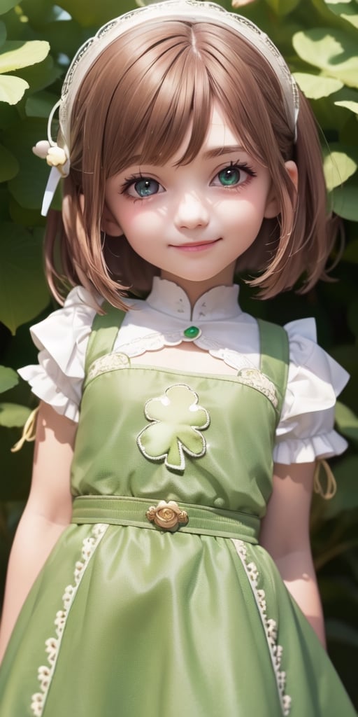 ((9year old girl)), ((solo,1girl:1.4)),((flat chest)),
 petite girl, whole body, children's body, beautiful shining body, bangs,((brown hair:1.3)),high eyes,(aquamarine eyes), petite,tall eyes, beautiful girl with fine details, Beautiful and delicate eyes, detailed face, Beautiful eyes,natural light,((realism: 1.2 )), dynamic far view shot,cinematic lighting, perfect composition, by sumic.mic, ultra detailed, official art, masterpiece, (best quality:1.3), reflections, extremely detailed cg unity 8k wallpaper, detailed background, masterpiece, best quality , (masterpiece), (best quality:1.4), (ultra highres:1.2), (hyperrealistic:1.4), (photorealistic:1.2), best quality, high quality, highres, detail enhancement,((very short hair:1.4)),
((tareme,animated eyes, big eyes,droopy eyes:1.2)),Random poses,((smile)),Realism,((St. Patrick's Day:1.4)),
 celts,((European townscape, European white folk costume, clover embroidery)),bg_imgs, 