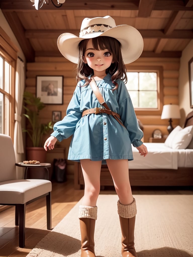 ((6 year old girl: 1.5)), 1 girl, loli, petite girl, complete anatomy, whole body, child's body, child, super cute, girl, little girl, beautiful girl, beautiful shining body, bangs, brown hair, back high eyes, (aquamarine eyes), droopy eyes, petite, tall eyes, beautiful girl with beautiful details, beautiful delicate eyes, detailed face, beautiful eyes, beautiful shining body, smile, happiness, full body angle, old days House in the American West,  Inside the Room,  Fireplace, ((western boots, Cowboy Hat: 1.5)),black belt,
((Realism: 1.2)), Dynamic long shots, Cinematic lighting, Perfect composition, Highly detailed, Official art, Masterpiece by Sumic.mic, (Top quality: 1.3), Reflections, Highly detailed CG Unity 8k Wallpaper, Detailed Background, Masterpiece , Best Quality, (Masterpiece), (Best Quality: 1.4), (Ultra High Resolution: 1.2), (Hyper Realistic: 1.4), (Photorealistic: 1.1), Best quality, high quality, high resolution, detail emphasis,((Log house room: 1.4)),masterpiece