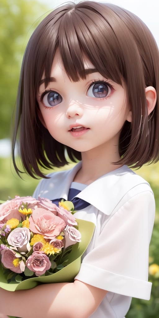 ((6year old girl:1.5)), ((Portrait)),1girl, loli, petite girl,  whole body, children's body, beautiful shining body, bangs,((darkbrown hair:1.3)),high eyes,(aquamarine eyes), petite,tall eyes, beautiful girl with fine details, ((Beautiful and delicate eyes,Beautiful eyes:1.4)), detailed face, natural light,((realism: 1.2 )), dynamic far view shot,cinematic lighting, perfect composition, by sumic.mic, ultra detailed, official art, masterpiece, (best quality:1.3), reflections, extremely detailed cg unity 8k wallpaper, detailed background, masterpiece, best quality , (masterpiece), (best quality:1.4), (ultra highres:1.2), (hyperrealistic:1.4), (photorealistic:1.2), best quality, high quality, highres, detail enhancement, ((very short hair:1.4)),
((tareme,animated eyes, big eyes,droopy eyes:1.2)),((random expression)),,random Angle,((school uniform:1.4)),((thick eyebrows:1.1)),perfect,((manga like visual)),((little girl with a bouquet of flowers:1.4)),perfect light