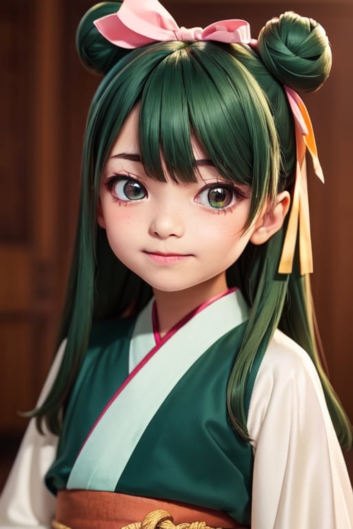 ((6year old girl:1.5)), loli, petite girl, Portrait, children's body, beautiful shining body, (( bangs)),high eyes,(brown eyes:1.4), petite,tall eyes, beautiful girl with fine details, Beautiful and delicate eyes, detailed face, Beautiful eyes,natural light,((realism: 1.2 )), dynamic far view shot,cinematic lighting, perfect composition, by sumic.mic, ultra detailed, official art, masterpiece, (best quality:1.3), reflections, extremely detailed cg unity 8k wallpaper, detailed background, masterpiece, best quality , (masterpiece), (best quality:1.4), (ultra highres:1.2), (hyperrealistic:1.4), (photorealistic:1.2), best quality, high quality, highres, detail enhancement, ((long hair:1.4)),
((tareme,animated eyes, big eyes,droopy eyes:1.2)),deformed Anime ,smirk,
1girl hair ribbon hair ornament, hanfu green shirt wide sleeves red skirt long skirt ,  indoors, east asian architecture,((hair ribbon hair ornament,bun)),((Portrait)),maomao,((Dark green hair:1.4)),
shangfu,lady in waiting,jinshi,[[[freckles]]]
