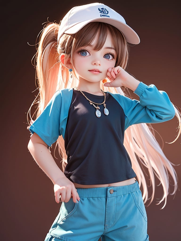 blue gradient hair(very long hair, curly_hair),long ponytail,hiphop dancer,wearing all black clothes (loose fit top and wide cargo pants),sneakers,accessories(necklace,ear_rings)baseball cap,   cowboy_shot,light pink_hair,brown hair,
((18 year old girl:1.4)),beautiful detailed eyes, complete anatomy, (realism: 1.2), beautiful girl with fine details, detailed face, beautiful shining body, 1 girl, (( aquamarine eyes, tall eyes, Big eyes)), random angles, bangs, detailed face, super detailed, perfect face, (highly detailed face:1.4), happiness, Best Quality, Masterpiece, Natural Light, (RAW Photo, Best Quality, Masterpiece: 1.2), Ray-traced reflections, photon mapping, ultra-high resolution, 16k images, depth of field,masterpiece,best quality,(complex light),((Disco, in the spotlight)), colored inner hair,((Crowd of people background))