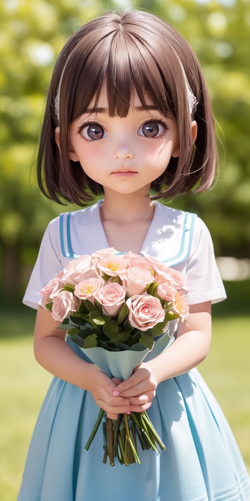 ((6year old girl:1.5)), ((Portrait)),1girl, loli, petite girl,  whole body, children's body, beautiful shining body, bangs,((darkbrown hair:1.3)),high eyes,(aquamarine eyes), petite,tall eyes, beautiful girl with fine details, ((Beautiful and delicate eyes,Beautiful eyes:1.4)), detailed face, natural light,((realism: 1.2 )), dynamic far view shot,cinematic lighting, perfect composition, by sumic.mic, ultra detailed, official art, masterpiece, (best quality:1.3), reflections, extremely detailed cg unity 8k wallpaper, detailed background, masterpiece, best quality , (masterpiece), (best quality:1.4), (ultra highres:1.2), (hyperrealistic:1.4), (photorealistic:1.2), best quality, high quality, highres, detail enhancement, ((very short hair:1.4)),
((tareme,animated eyes, big eyes,droopy eyes:1.2)),((random expression)),,random Angle,((school uniform:1.4)),((thick eyebrows:1.1)),perfect,((manga like visual)),((little girl with a bouquet of flowers:1.4)),perfect light