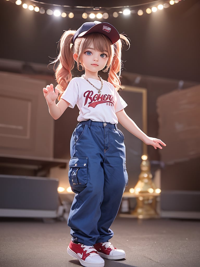 blue gradient hair(very long hair, curly_hair),long ponytail,hiphop dancer,wearing all black clothes (loose fit top and wide cargo pants),sneakers,accessories(necklace,ear_rings)baseball cap,   cowboy_shot,light pink_hair,brown hair,
((12 year old girl:1.4)),beautiful detailed eyes, complete anatomy, (realism: 1.2), beautiful girl with fine details, detailed face, beautiful shining body, 1 girl, (( aquamarine eyes, tall eyes, Big eyes)), random angles, bangs, detailed face, super detailed, perfect face, (highly detailed face:1.4), happiness, Best Quality, Masterpiece, Natural Light, (RAW Photo, Best Quality, Masterpiece: 1.2), Ray-traced reflections, photon mapping, ultra-high resolution, 16k images, depth of field,masterpiece,best quality,(complex light),((Disco, in the spotlight)), colored inner hair,((Crowd of people background))