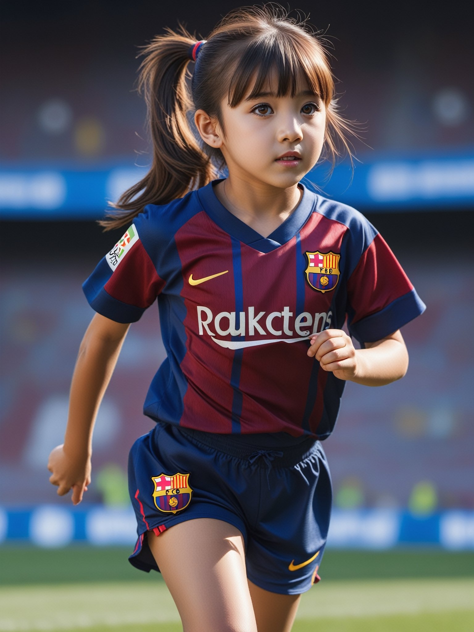 ((9year old girl:1.5)), japanese girl,complete anatomy, children's body, child, super cute, girl, little girl, random poses,random angles, Soccer, fc barcelona jersey, outdoors, lawns, dribbling, ponytail hairstyles, running,Camp Nou football stadium,Thick red and navy striped uniform, shorts uniform, beautiful girl, 1 girl, loli, petite girl, top quality, masterpiece, high eyes,drooping eyes,(realism: 1.2)), petite, bangs, tall eyes, natural light,(brown eyes),bangs, beautiful girl with fine details, Beautiful and delicate eyes, Beautiful girl, detailed face, Beautiful eyes, beautiful shining body, 8K images,photo r3al