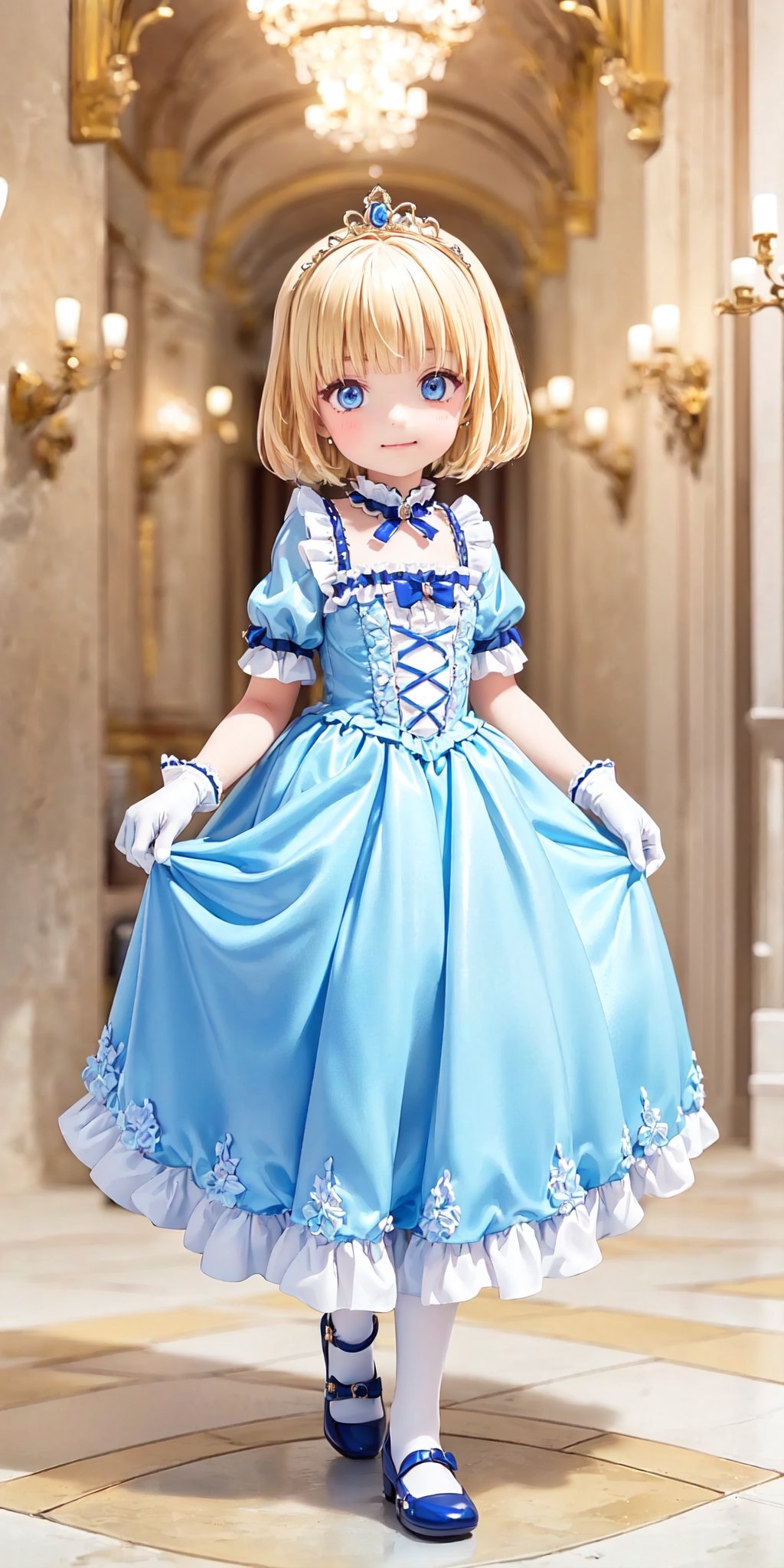 ((6year old girl:1.5)),1girl, loli, petite girl,  whole body, children's body, beautiful shining body, bangs,((blonde hair:1.3)),high eyes,(blue eyes), petite,tall eyes, beautiful girl with fine details, Beautiful and delicate eyes, detailed face, Beautiful eyes,((golden tiara with sapphire decoration)),((light blue gothic lolita ball gown:1.4)),((long skirt:1.7)),(( white neck ruffle, white frill)),((white tights)), blue shoes, ((white gloves with gold decoration)), 
natural light,((realism: 1.2 )), dynamic far view shot,cinematic lighting, perfect composition, by sumic.mic, ultra detailed, official art, masterpiece, (best quality:1.3), reflections, extremely detailed cg unity 8k wallpaper, detailed background, masterpiece, best quality , (masterpiece), (best quality:1.4), (ultra highres:1.2), (hyperrealistic:1.4), (photorealistic:1.2), best quality, high quality, highres, 
(short hair:1.4)),((bright lighting:1.3)),
((tareme,animated eyes, big eyes,droopy eyes:1.2)),standing pose,((smirk expression)),((european castle hallway:1.4)),perfect,hand,((Tearmoon Empire Story)),((Mia Luna Tier Moon)),animemia