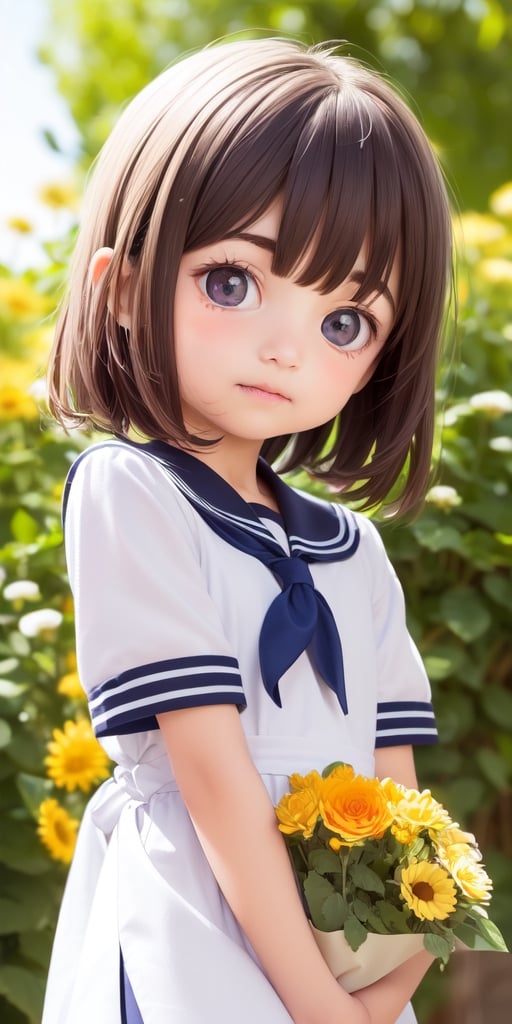 ((6year old girl:1.5)), ((Portrait)),1girl, loli, petite girl,  whole body, children's body, beautiful shining body, bangs,((darkbrown hair:1.3)),high eyes,(aquamarine eyes), petite,tall eyes, beautiful girl with fine details, ((Beautiful and delicate eyes,Beautiful eyes:1.4)), detailed face, natural light,((realism: 1.2 )), dynamic far view shot,cinematic lighting, perfect composition, by sumic.mic, ultra detailed, official art, masterpiece, (best quality:1.3), reflections, extremely detailed cg unity 8k wallpaper, detailed background, masterpiece, best quality , (masterpiece), (best quality:1.4), (ultra highres:1.2), (hyperrealistic:1.4), (photorealistic:1.2), best quality, high quality, highres, detail enhancement, ((very short hair:1.4)),
((tareme,animated eyes, big eyes,droopy eyes:1.2)),((random expression)),,random Angle,((school uniform:1.4)),((thick eyebrows:1.1)),perfect,((manga like visual)),((little girl with a bouquet of flowers:1.4)),perfect light