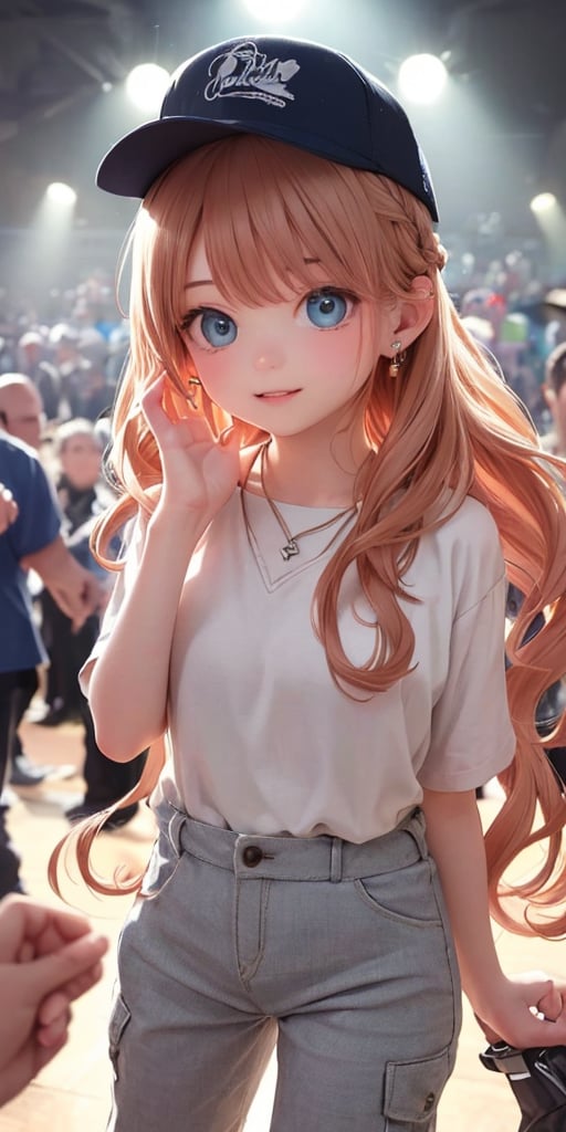 blue gradient hair(very long hair, curly_hair),long ponytail,hiphop dancer,wearing all black clothes (loose fit top and wide cargo pants),sneakers,accessories(necklace,ear_rings)baseball cap,   cowboy_shot,light pink_hair,brown hair,
((20 year old girl:1.4)),beautiful detailed eyes, complete anatomy, (realism: 1.2), beautiful girl with fine details, detailed face, beautiful shining body, 1 girl, (( aquamarine eyes, tall eyes, Big eyes)), random angles, bangs, detailed face, super detailed, perfect face, (highly detailed face:1.4), happiness, Best Quality, Masterpiece, Natural Light, (RAW Photo, Best Quality, Masterpiece: 1.2), Ray-traced reflections, photon mapping, ultra-high resolution, 16k images, depth of field,masterpiece,best quality,(complex light),((Disco, in the spotlight)), colored inner hair,((Crowd of people background))