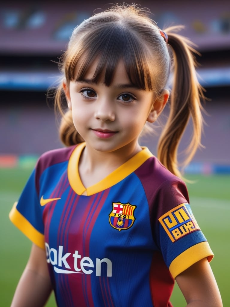 ((9year old girl:1.5)), complete anatomy, children's body, child, super cute, girl, little girl, random poses,random angles, Soccer, fc barcelona jersey, outdoors, lawns, dribbling, ponytail hairstyles, running,Camp Nou football stadium,Thick red and navy striped uniform, shorts uniform, beautiful girl, 1 girl, loli, petite girl, top quality, masterpiece, high eyes,drooping eyes,(realism: 1.2)), petite, bangs, tall eyes, natural light,(brown eyes),bangs, beautiful girl with fine details, Beautiful and delicate eyes, Beautiful girl, detailed face, Beautiful eyes, beautiful shining body, 8K images,photo r3al