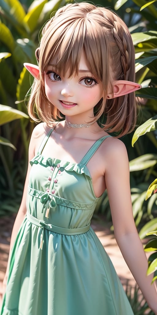 ((6 year old girl:1.4)),((flat chest)),complete anatomy, loli, beautiful girl with fine details,  detailed face, beautiful shining body,((Toddler body:1.3)),detailed face,  super detailed, perfect face, (highly detailed face:1.4),((elf ears, long ears)),choker,dagger,

beautiful detailed eyes, ((tall eyes, Big eyes)), aquamarine eyes, 
 
blond hair, bangs,((short hair:1.4)),
Floral hair ornament,
 1 girl, ((pastel green maxi dress)), ((forest background)), random angles, morning light, (bright lighting:1.2), ((happiness)), Natural Light,realhands, 

(realism:1.2),
Best Quality, Masterpiece, 
(RAW Photo, Best Quality, Masterpiece:1.2), Ray-traced reflections, photon mapping,
 ultra-high resolution, 16k images, depth of field,AIDA_LoRA_BelK