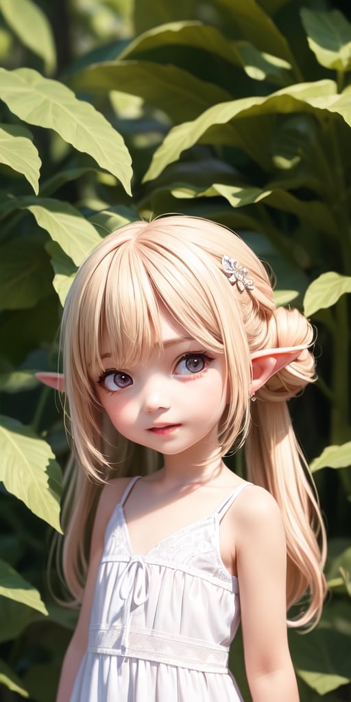 ((6 year old girl:1.4)),((flat chest)),complete anatomy, loli, beautiful girl with fine details,  detailed face, beautiful shining body,((Toddler body: 1.3)),detailed face,  super detailed, perfect face, (highly detailed face:1.4),((elf ears, long ears)),

beautiful detailed eyes, ((tall eyes, Big eyes)), aquamarine eyes, 
 
blond hair, bangs,((half updo hair:1.4)),
Floral hair ornament,
 1 girl, ((white maxi dress)), ((forest background)), random angles, morning light, (bright lighting: 1.2), happiness, Natural Light,realhands, 

(realism: 1.2),
Best Quality, Masterpiece, 
(RAW Photo, Best Quality, Masterpiece: 1.2), Ray-traced reflections, photon mapping,
 ultra-high resolution, 16k images, depth of field,