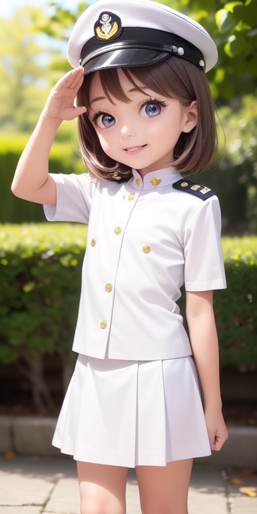 ((6year old girl:1.5)), ((flat chest:1.3)),1girl, loli, petite girl,  whole body, children's body, beautiful shining body, bangs,((darkbrown hair:1.3)),high eyes,(aquamarine eyes), petite,tall eyes, beautiful girl with fine details, Beautiful and delicate eyes, detailed face, Beautiful eyes,natural light,((realism: 1.2 )), dynamic far view shot,cinematic lighting, perfect composition, by sumic.mic, ultra detailed, official art, masterpiece, (best quality:1.3), reflections, extremely detailed cg unity 8k wallpaper, detailed background, masterpiece, best quality , (masterpiece), (best quality:1.4), (ultra highres:1.2), (hyperrealistic:1.4), (photorealistic:1.2), best quality, high quality, highres, detail enhancement,
((bright lighting:1.3)),((tareme,animated eyes, big eyes,droopy eyes:1.2)),((smile expression)),((Military uniform for naval officers))chinamoeka,china moeka, long hair, brown hair,BREAK hair ornament, hat, hairclip, uniform, military, military uniform, peaked cap, naval uniform, (white uniform:1.5),BREAK outdoors, ship, navy,BREAK looking at viewer, (cowboy shot:1.5),,((salute pose:1.4)),((white Tight skirt:1.3))