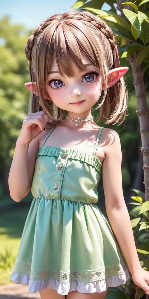 ((6 year old girl:1.4)),((flat chest)),complete anatomy, loli, beautiful girl with fine details,  detailed face, beautiful shining body,((Toddler body:1.3)),detailed face,  super detailed, perfect face, (highly detailed face:1.4),((elf ears, long ears)),choker,dagger,

beautiful detailed eyes, ((tall eyes, Big eyes)), aquamarine eyes, 
 
blond hair, bangs,((short hair:1.4)),
Floral hair ornament,
 1 girl, ((pastel green maxi dress)), ((forest background)), random angles, morning light, (bright lighting:1.2), ((happiness)), Natural Light,realhands, 

(realism:1.2),
Best Quality, Masterpiece, 
(RAW Photo, Best Quality, Masterpiece:1.2), Ray-traced reflections, photon mapping,
 ultra-high resolution, 16k images, depth of field,AIDA_LoRA_BelK