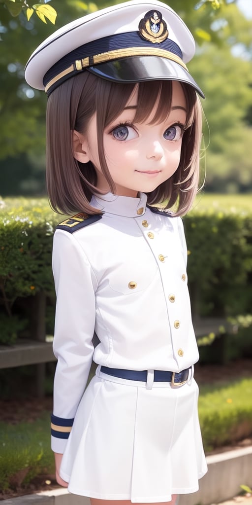 ((6year old girl:1.5)), ((flat chest:1.3)),1girl, loli, petite girl,  whole body, children's body, beautiful shining body, bangs,((darkbrown hair:1.3)),high eyes,(aquamarine eyes), petite,tall eyes, beautiful girl with fine details, Beautiful and delicate eyes, detailed face, Beautiful eyes,natural light,((realism: 1.2 )), dynamic far view shot,cinematic lighting, perfect composition, by sumic.mic, ultra detailed, official art, masterpiece, (best quality:1.3), reflections, extremely detailed cg unity 8k wallpaper, detailed background, masterpiece, best quality , (masterpiece), (best quality:1.4), (ultra highres:1.2), (hyperrealistic:1.4), (photorealistic:1.2), best quality, high quality, highres, detail enhancement,
((bright lighting:1.3)),((tareme,animated eyes, big eyes,droopy eyes:1.2)),((smile expression)),((Military uniform for naval officers))chinamoeka,china moeka, long hair, brown hair,BREAK hair ornament, hat, hairclip, uniform, military, military uniform, peaked cap, naval uniform, (white uniform:1.5),BREAK outdoors, ship, navy,BREAK looking at viewer, (cowboy shot:1.5),((white Tight skirt:1.3))