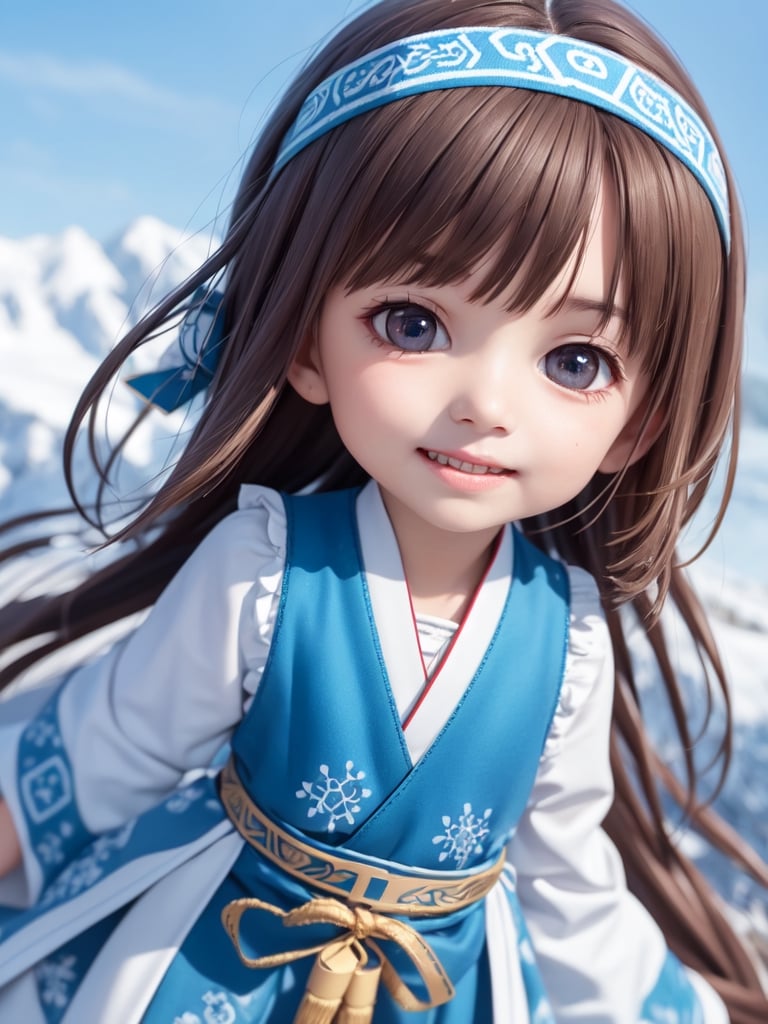 ((snowfield,snow scene)),(((wide Blue headband ))),(white fur ),bouncing hair,((Ainu folk costume:1.4)),(snow mountain blue sky:1.4),  black hair, pale white skin,((6year old girl:1.5)), 1 girl, loli, petite girl, complete anatomy, whole body, children's body, child, super cute, girl, little girl, beautiful girl, beautiful shining body, bangs,brown hair,high eyes,(aquamarine eyes), drooping eyes, petite,tall eyes, beautiful girl with fine details, Beautiful and delicate eyes, detailed face, Beautiful eyes, beautiful shining body, Smiles, happiness, Whole body angle, Alps,  outdoor, natural light,((realism: 1.2)), dynamic far view shot,cinematic lighting, perfect composition, by sumic.mic, ultra detailed, official art, masterpiece, (best quality:1.3), reflections, extremely detailed cg unity 8k wallpaper, detailed background, masterpiece, best quality, (masterpiece), (best quality:1.4), (ultra highres:1.2), (hyperrealistic:1.4), (photorealistic:1.2), best quality, high quality, highres, detail enhancement,