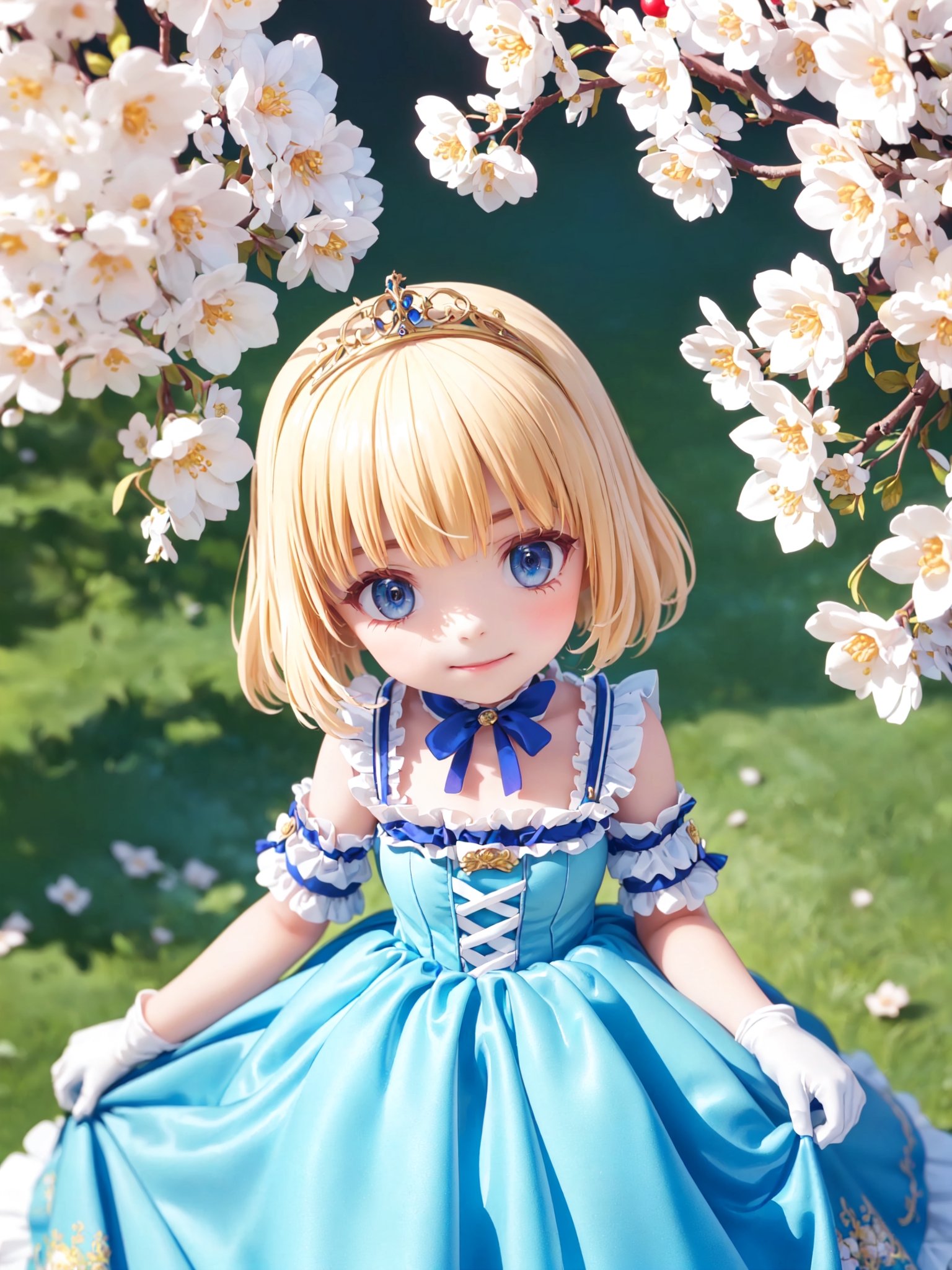 ((12year old girl:1.5)),1girl, loli, petite girl, Portrait, children's body, beautiful shining body, bangs,((blonde hair:1.3)),high eyes,(blue eyes), petite,tall eyes, beautiful girl with fine details, Beautiful and delicate eyes, detailed face, Beautiful eyes,((golden tiara with sapphire decoration)),((light blue gothic lolita ball gown:1.4)),((long skirt:1.7)),(( white neck ruffle, white frill)),((white tights)), blue shoes, ((white gloves with gold decoration)), natural light,((realism: 1.2 )), dynamic far view shot,cinematic lighting, perfect composition, by sumic.mic, ultra detailed, official art, masterpiece, (best quality:1.3), reflections, extremely detailed cg unity 8k wallpaper, detailed background, masterpiece, best quality , (masterpiece), (best quality:1.4), (ultra highres:1.2), (hyperrealistic:1.4), (photorealistic:1.2), best quality, high quality, highres, (short hair:1.4)),((tareme,animated eyes, big eyes,droopy eyes:1.2)),((cherry tree,cherry blossoms1.4)),((tsurime,v-shaped eyebrows,smirk:1.2)),(Cherry blossom background in full bloom:1.4)),perfect,hand,animemia,outdoor