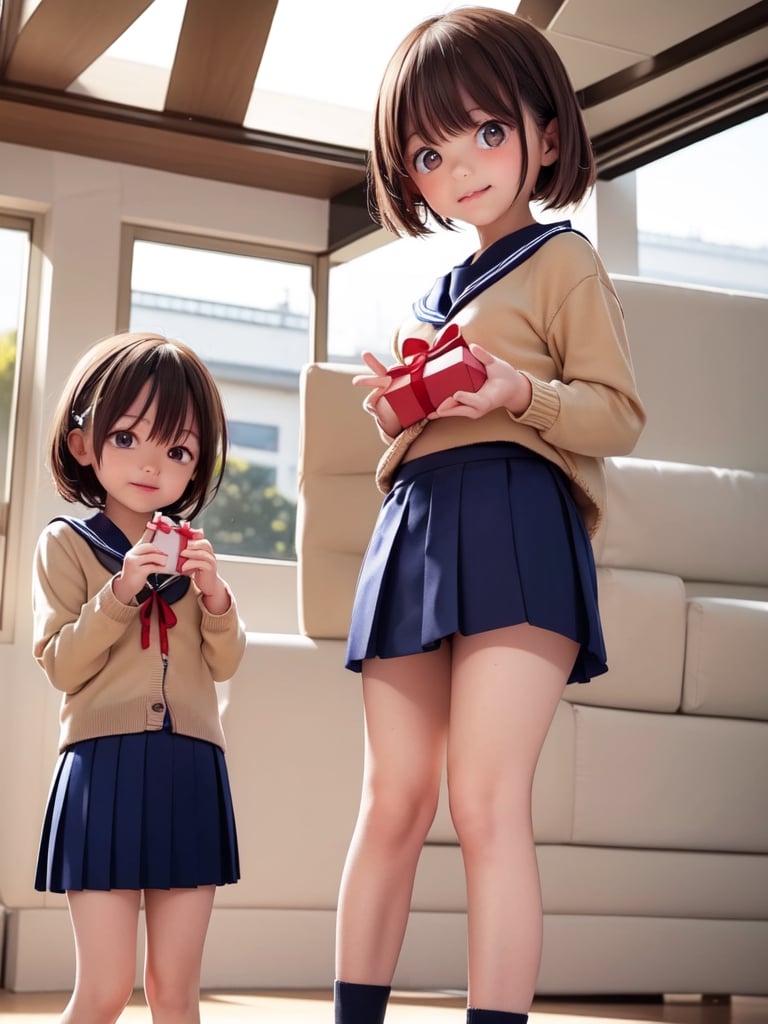 ((6year old girl:1.5)), loli, petite girl,  whole body, children's body, beautiful shining body, bangs,((brown hair:1.3)),high eyes,(brown eyes), petite,tall eyes, beautiful girl with fine details, Beautiful and delicate eyes, detailed face, Beautiful eyes,natural light,((realism: 1.2 )), dynamic far view shot,cinematic lighting, perfect composition, by sumic.mic, ultra detailed, official art, masterpiece, (best quality:1.3), reflections, extremely detailed cg unity 8k wallpaper, detailed background, masterpiece, best quality , (masterpiece), (best quality:1.4), (ultra highres:1.2), (hyperrealistic:1.4), (photorealistic:1.2), best quality, high quality, highres, detail enhancement,cute pussy, nsfw,((very short hair:1.4)),((holding gifts:1.4)),
((tareme,animated eyes, big eyes,droopy eyes:1.2)),Random poses,((embarrassed expression)),(( cardigan,school uniform, sailor uniform, navy pleated skirt:1.4)),Realism,school uniform