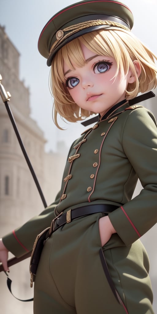 ((10year old girl:1.5)), 1girl, loli, petite girl, children's body, beautiful shining body,petite,beautiful girl with fine details,detailed face,
bangs,((blonde hair:1.3)),((very short hair:1.4)),
high eyes,(aquamarine eyes),tall eyes,Beautiful and delicate eyes,  Beautiful eyes,((tareme,animated eyes, big eyes,droopy eyes:1.2)),
military uniform,old german military uniform,
 whole body,natural light,
((realism: 1.2 )), dynamic far view shot,cinematic lighting, perfect composition, by sumic.mic, ultra detailed, official art, masterpiece, (best quality:1.3), reflections, extremely detailed cg unity 8k wallpaper, detailed background, masterpiece, best quality , (masterpiece), (best quality:1.4), (ultra highres:1.2), (hyperrealistic:1.4), (photorealistic:1.2), best quality, high quality, highres, detail enhancement,((manga like visual)),
,ahoge, shirt, closed mouth, military uniform, extremely delicate and beautiful, (beautiful detailed face:1.0), (detailed deep eyes), deep eyes,(dark shot:1.17), epic realistic, faded, ((neutral colors)), art, (hdr:1.5), (muted colors:1.2), hyperdetailed, (artstation:1.5), cinematic, warm lights, dramatic light, (intricate details:1.1), complex background, (rutkowski:0.8), (teal and orange:0.4),full body