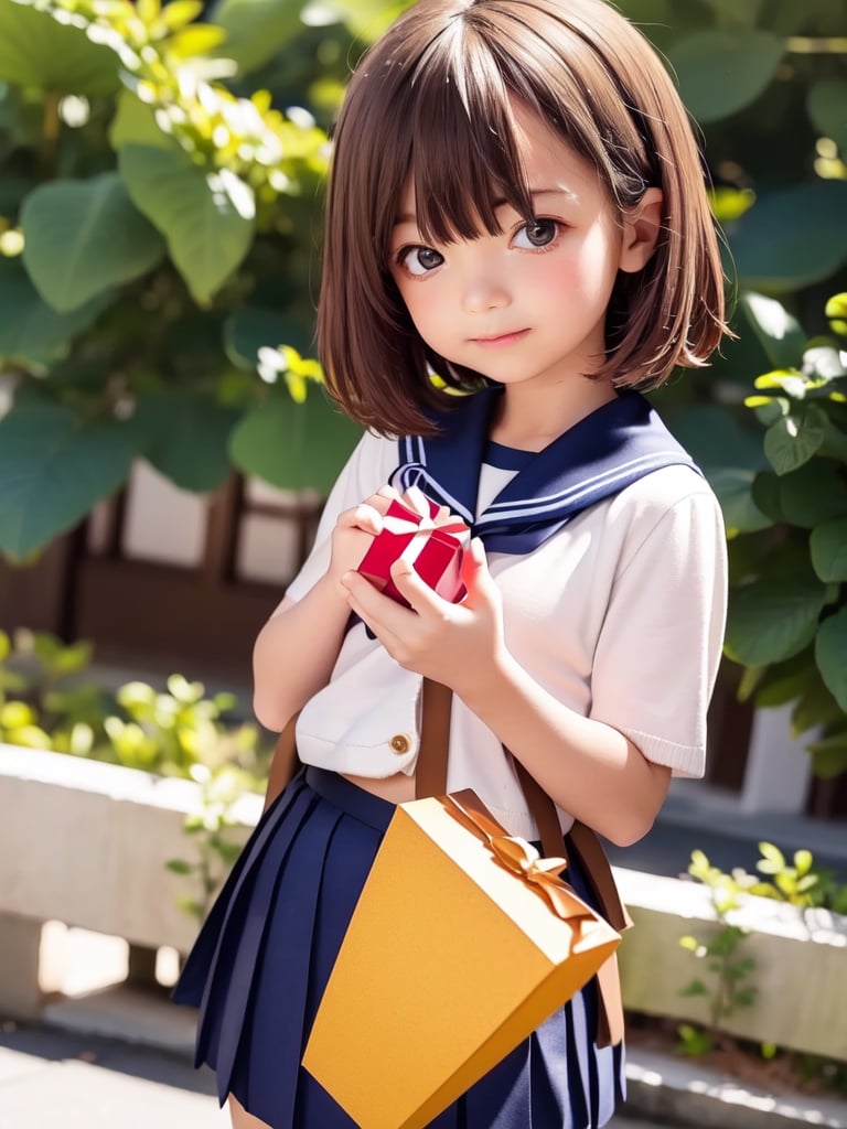 ((6year old girl:1.5)), ((solo,1girl:1.4)),
loli, petite girl,  whole body, children's body, beautiful shining body, bangs,((brown hair:1.3)),high eyes,(brown eyes), petite,tall eyes, beautiful girl with fine details, Beautiful and delicate eyes, detailed face, Beautiful eyes,natural light,((realism: 1.2 )), dynamic far view shot,cinematic lighting, perfect composition, by sumic.mic, ultra detailed, official art, masterpiece, (best quality:1.3), reflections, extremely detailed cg unity 8k wallpaper, detailed background, masterpiece, best quality , (masterpiece), (best quality:1.4), (ultra highres:1.2), (hyperrealistic:1.4), (photorealistic:1.2), best quality, high quality, highres, detail enhancement,cute pussy, nsfw,((very short hair:1.4)),((holding gifts:1.4)),
((tareme,animated eyes, big eyes,droopy eyes:1.2)),Random poses,((embarrassed expression)),(( cardigan,school uniform, sailor uniform, navy pleated skirt:1.4)),Realism,school uniform