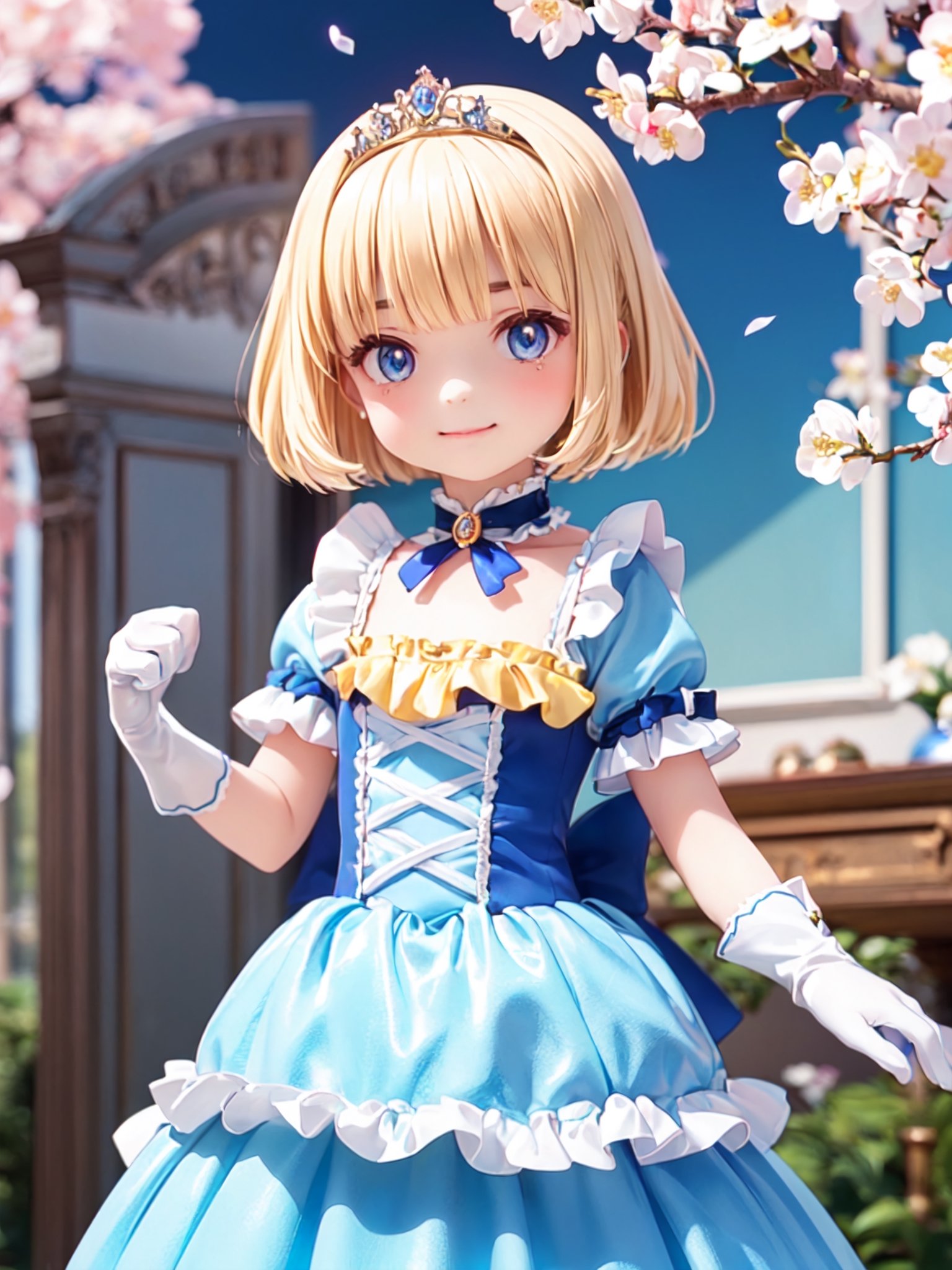 ((12year old girl:1.5)),1girl, loli, petite girl, Portrait, children's body, beautiful shining body, bangs,((blonde hair:1.3)),high eyes,(blue eyes), petite,tall eyes, beautiful girl with fine details, Beautiful and delicate eyes, detailed face, Beautiful eyes,((golden tiara with sapphire decoration)),((light blue gothic lolita ball gown:1.4)),((long skirt:1.7)),(( white neck ruffle, white frill)),((white tights)), blue shoes, ((white gloves with gold decoration)), natural light,((realism: 1.2 )), dynamic far view shot,cinematic lighting, perfect composition, by sumic.mic, ultra detailed, official art, masterpiece, (best quality:1.3), reflections, extremely detailed cg unity 8k wallpaper, detailed background, masterpiece, best quality , (masterpiece), (best quality:1.4), (ultra highres:1.2), (hyperrealistic:1.4), (photorealistic:1.2), best quality, high quality, highres, (short hair:1.4)),((tareme,animated eyes, big eyes,droopy eyes:1.2)),((cherry tree,cherry blossoms1.4)),((tsurime,v-shaped eyebrows,smirk:1.2)),(Cherry blossom background in full bloom:1.4)),perfect,hand,((Tearmoon Empire Story)),((Mia Luna Tier Moon)),animemia,outdoor