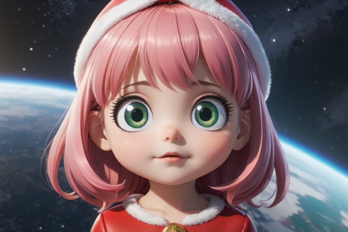 ((6 year old girl: 1.5)), 1 girl, bangs, ((pink hair: 1.3)), ((sagging eyes, animated eyes, big eyes, drooping eyes: 1.5)), (dark green eyes) , Natural Light, (( Realism: 1.2 )), Dynamic Landscape, Cinematic Lighting, Perfect Composition, Created by Sumic.mic, Super Detailed, Official Art, Masterpiece, (Top Quality: 1.3), Reflections, High Detail CG Unity 8K Wallpaper, Detailed Background, ((Straight Short Hair: 1.4)),
        , Details XL, Chibi emote style, Chibi, ((Santa Claus clothes: 1.4)), ((smirk, closed mouth)), Beautiful and balanced face,
        ((Whole body: 1.4)), ((Extravehicular activity: 1.2)), Space, ((Conical black hair ornament: 1.4)), A girl is floating in outer space. Many stars can be seen in the background. Anya Folger, Spy X Family