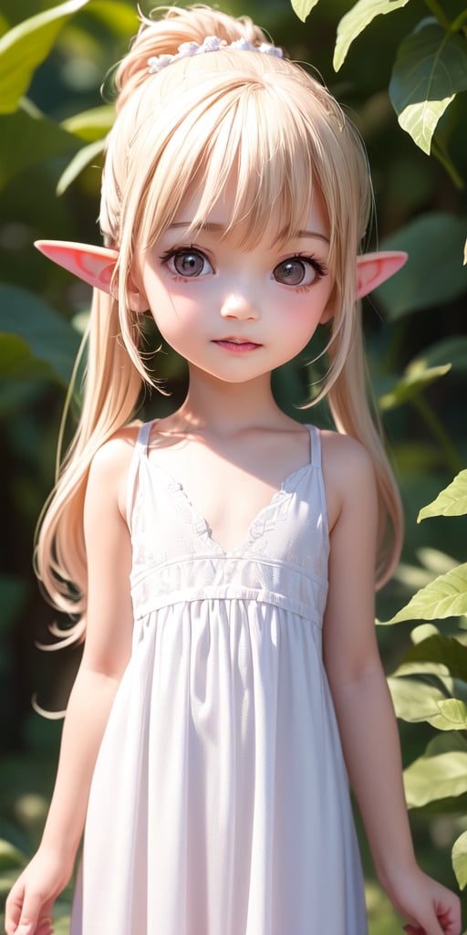 ((6 year old girl:1.4)),((flat chest)),complete anatomy, loli, beautiful girl with fine details,  detailed face, beautiful shining body,((Toddler body: 1.3)),detailed face,  super detailed, perfect face, (highly detailed face:1.4),((elf ears, long ears)),

beautiful detailed eyes, ((tall eyes, Big eyes)), aquamarine eyes, 
 
blond hair, bangs,((half updo hair:1.4)),
Floral hair ornament,
 1 girl, ((white maxi dress)), ((forest background)), random angles, morning light, (bright lighting: 1.2), happiness, Natural Light,realhands, 

(realism: 1.2),
Best Quality, Masterpiece, 
(RAW Photo, Best Quality, Masterpiece: 1.2), Ray-traced reflections, photon mapping,
 ultra-high resolution, 16k images, depth of field,