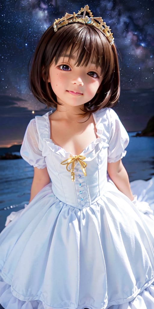 ((9year old girl:1.4)),1girl, beautiful shining body, bangs,((brown hair:1.3)),high eyes,(blue eyes), petite,tall eyes, beautiful girl with fine details, Beautiful and delicate eyes, detailed face, Beautiful eyes,((golden tiara with sapphire decoration)),((light blue gothic lolita ball gown:1.4)),((long skirt:1.4)),(( white neck ruffle, white frill)),((white tights)), blue shoes, ((white gloves with gold decoration)), natural light,((realism: 1.2 )), dynamic far view shot,cinematic lighting, perfect composition, by sumic.mic, ultra detailed, official art, masterpiece, (best quality:1.3), reflections, extremely detailed cg unity 8k wallpaper, detailed background, masterpiece, best quality , (masterpiece), (best quality:1.4), (ultra highres:1.2), (hyperrealistic:1.4), (photorealistic:1.2), best quality, high quality, highres, (short hair:1.4)),((tareme,animated eyes, big eyes,droopy eyes:1.2)),((Night sky, Milky Way, starry sky:1.4)),Upper Body,((Happiness, smile:1.2)),perfect,hand,animemia,outdoor,,((from above:1.4))