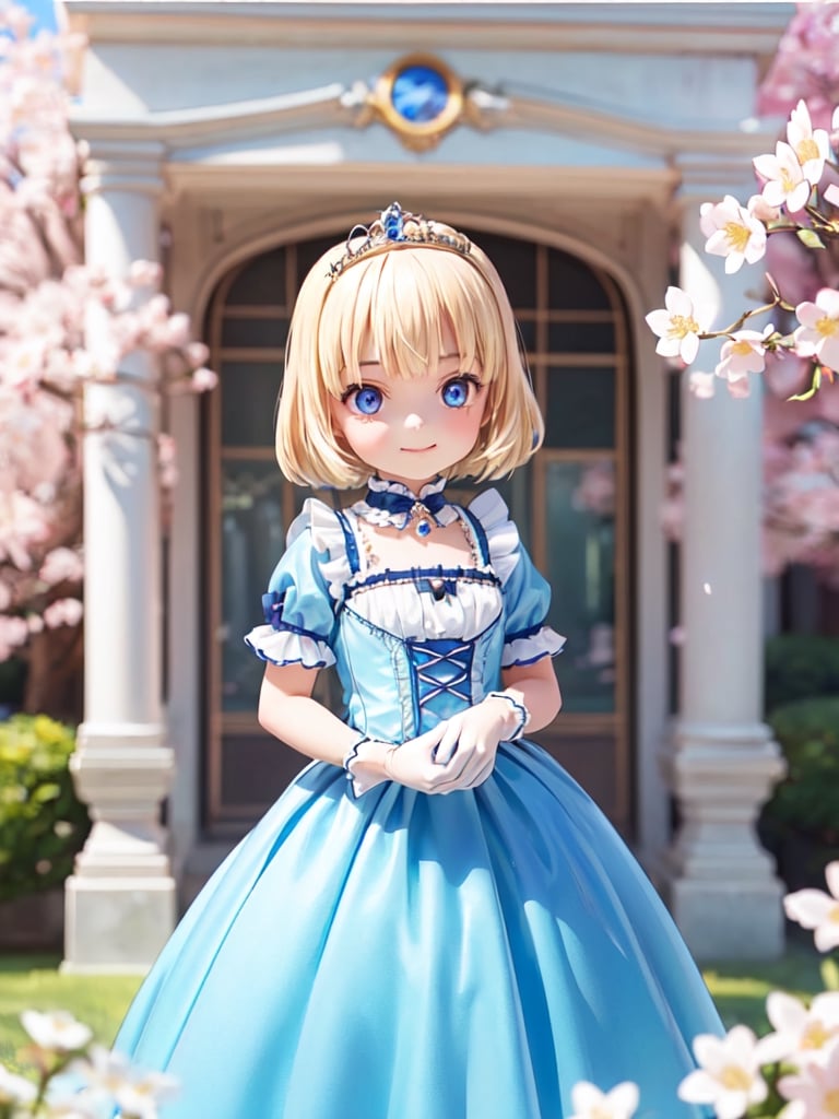 ((12year old girl:1.5)),1girl, loli, petite girl, Portrait, children's body, beautiful shining body, bangs,((blonde hair:1.3)),high eyes,(blue eyes), petite,tall eyes, beautiful girl with fine details, Beautiful and delicate eyes, detailed face, Beautiful eyes,((golden tiara with sapphire decoration)),((light blue gothic lolita ball gown:1.4)),((long skirt:1.7)),(( white neck ruffle, white frill)),((white tights)), blue shoes, ((white gloves with gold decoration)), natural light,((realism: 1.2 )), dynamic far view shot,cinematic lighting, perfect composition, by sumic.mic, ultra detailed, official art, masterpiece, (best quality:1.3), reflections, extremely detailed cg unity 8k wallpaper, detailed background, masterpiece, best quality , (masterpiece), (best quality:1.4), (ultra highres:1.2), (hyperrealistic:1.4), (photorealistic:1.2), best quality, high quality, highres, (short hair:1.4)),((tareme,animated eyes, big eyes,droopy eyes:1.2)),((cherry tree,cherry blossoms1.4)),((tsurime,v-shaped eyebrows,smirk:1.2)),(Cherry blossom background in full bloom:1.4)),perfect,hand,((Tearmoon Empire Story)),((Mia Luna Tier Moon)),animemia,outdoor