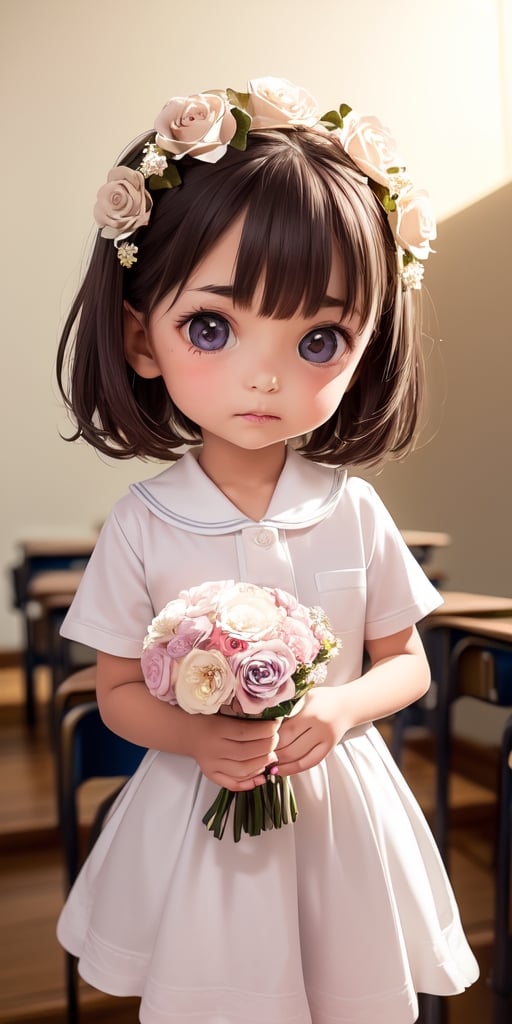 ((6year old girl:1.5)), ((Portrait)),1girl, loli, petite girl,  whole body, children's body, beautiful shining body, bangs,((darkbrown hair:1.3)),high eyes,(aquamarine eyes), petite,tall eyes, beautiful girl with fine details, ((Beautiful and delicate eyes,Beautiful eyes:1.4)), detailed face, natural light,((realism: 1.2 )), dynamic far view shot,cinematic lighting, perfect composition, by sumic.mic, ultra detailed, official art, masterpiece, (best quality:1.3), reflections, extremely detailed cg unity 8k wallpaper, detailed background, masterpiece, best quality , (masterpiece), (best quality:1.4), (ultra highres:1.2), (hyperrealistic:1.4), (photorealistic:1.2), best quality, high quality, highres, detail enhancement, ((very short hair:1.4)),
((tareme,animated eyes, big eyes,droopy eyes:1.2)),((random expression)),,random Angle,((school uniform:1.4)),((thick eyebrows:1.1)),perfect,((manga like visual)),((little girl with a bouquet of flowers:1.4)),perfect light