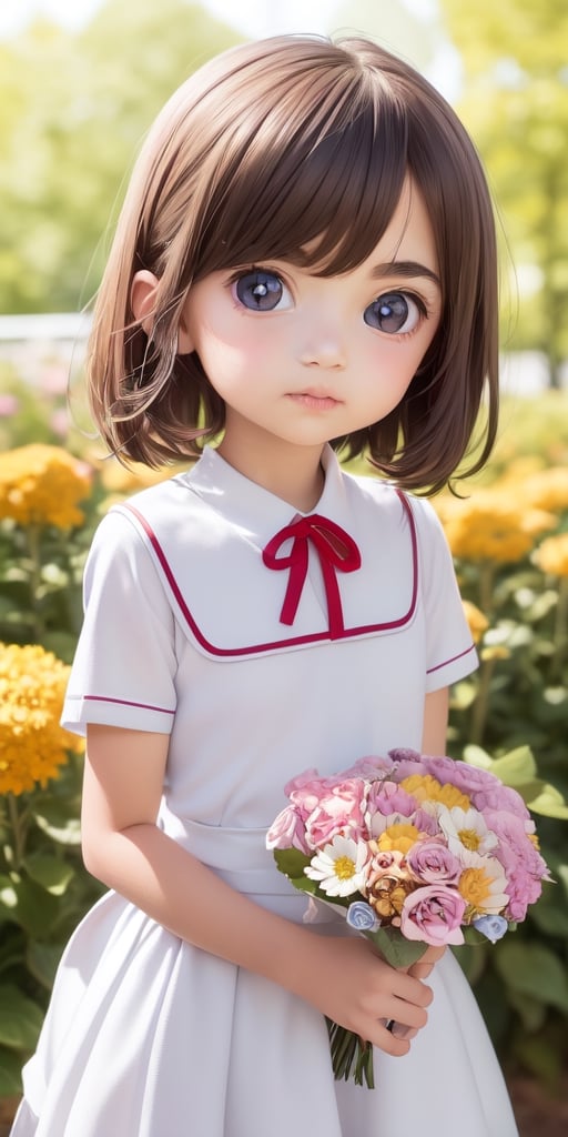 ((6year old girl:1.5)), ((Portrait)),1girl, loli, petite girl,  whole body, children's body, beautiful shining body, bangs,((darkbrown hair:1.3)),high eyes,(aquamarine eyes), petite,tall eyes, beautiful girl with fine details, ((Beautiful and delicate eyes,Beautiful eyes:1.4)), detailed face, natural light,((realism: 1.2 )), dynamic far view shot,cinematic lighting, perfect composition, by sumic.mic, ultra detailed, official art, masterpiece, (best quality:1.3), reflections, extremely detailed cg unity 8k wallpaper, detailed background, masterpiece, best quality , (masterpiece), (best quality:1.4), (ultra highres:1.2), (hyperrealistic:1.4), (photorealistic:1.2), best quality, high quality, highres, detail enhancement, ((very short hair:1.4)),
((tareme,animated eyes, big eyes,droopy eyes:1.2)),((random expression)),,random Angle,((school uniform:1.4)),((thick eyebrows:1.1)),perfect,((manga like visual)),((little girl with a bouquet of flowers:1.4)),perfect light