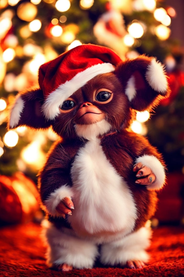 Santa Claus hat, Christmas tree,A cute Gizmo,fluffy fur,adorable active eyes,cosy sleeping spot,beautiful patterned coat,bright and expressive eyes,curious and playful nature,smooth and sleek body,graceful and agile movements,,[A laboratory full of junk],[vibrant and cheerful atmosphere],(best quality,ultra-detailed),[soft lighting],realistic colors, [bokeh],Gizmo,((Ears out:1.4))