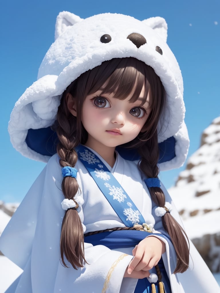 ((snowfield,snow scene)),(((wide Blue headband ))),(white fur ),bouncing hair,((Ainu costume based on navy blue,Ainu folk costume:1.4)),(snow mountain blue sky:1.4),  black hair, pale white skin,((9year old girl:1.5)), 1 girl, loli, petite girl, complete anatomy, whole body, children's body, child, super cute, girl, little girl, beautiful girl, beautiful shining body, bangs,brown hair,high eyes,(aquamarine eyes), drooping eyes, petite,tall eyes, beautiful girl with fine details, Beautiful and delicate eyes, detailed face, Beautiful eyes, beautiful shining body,  Whole body angle, Alps,  outdoor, natural light,((realism: 1.2)), dynamic far view shot,cinematic lighting, perfect composition, by sumic.mic, ultra detailed, official art, masterpiece, (best quality:1.3), reflections, extremely detailed cg unity 8k wallpaper, detailed background, masterpiece, best quality, (masterpiece), (best quality:1.4), (ultra highres:1.2), (hyperrealistic:1.4), (photorealistic:1.2), best quality, high quality, highres, detail enhancement,