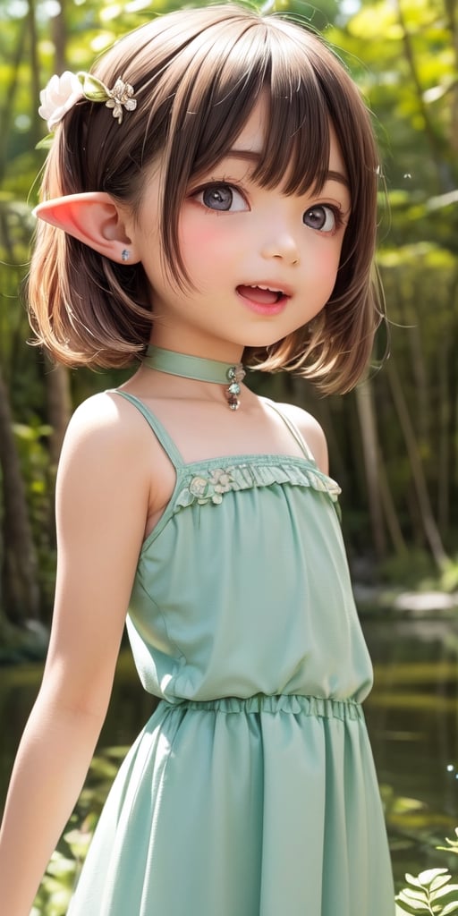 ((6 year old girl:1.4)),((flat chest)),complete anatomy, loli, beautiful girl with fine details,  detailed face, beautiful shining body,((Toddler body:1.3)),detailed face,  super detailed, perfect face, (highly detailed face:1.4),((elf ears, long ears)),choker,dagger,

beautiful detailed eyes, ((tall eyes, Big eyes)), aquamarine eyes, 
 
blond hair, bangs,((short hair:1.4)),
Floral hair ornament,
 1 girl, ((pastel green maxi dress)), ((forest background)), random angles, morning light, (bright lighting:1.2), ((happiness)), Natural Light,realhands, 

(realism:1.2),
Best Quality, Masterpiece, 
(RAW Photo, Best Quality, Masterpiece:1.2), Ray-traced reflections, photon mapping,
 ultra-high resolution, 16k images, depth of field,AIDA_LoRA_BelK