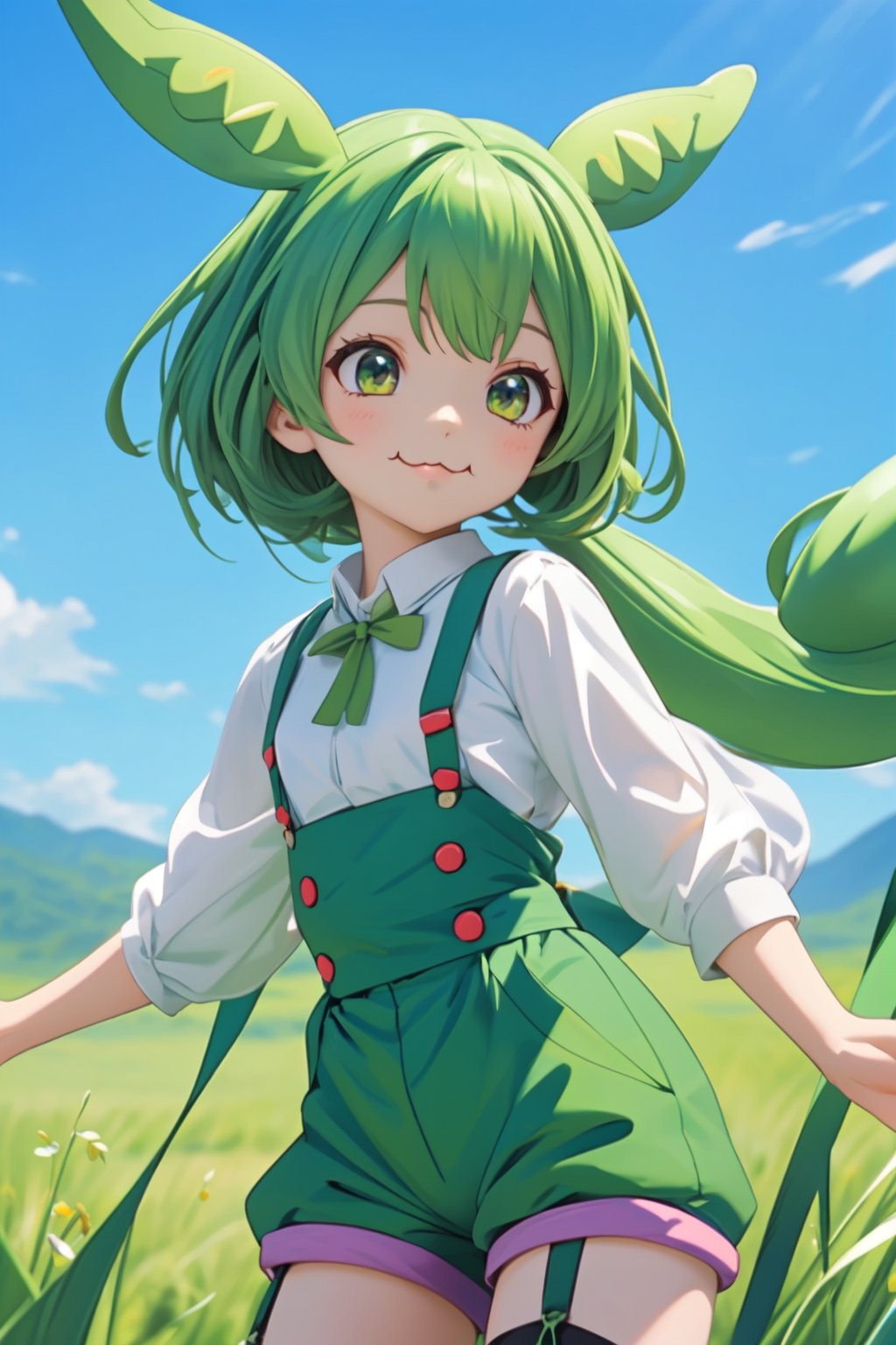 ((6year old girl:1.5)),1girl, beautiful shining body,beautiful girl with fine details,detailed face, bangs,((green hair:1.3)),((zundamon hair:1.4)), high eyes,(yellow eyes),tall eyes,Beautiful and delicate eyes, Beautiful eyes,((tareme,animated eyes, big eyes,droopy eyes:1.2)),((green hair ornament:1.1)), ((green suspenders,green shorts, white blouse: 1.4)), ((smile expression)), ((realism: 1.2 )), dynamic far view shot,cinematic lighting, perfect composition, by sumic.mic, ultra detailed, official art, masterpiece, (best quality:1.3), reflections, extremely detailed cg unity 8k wallpaper, detailed background, masterpiece, best quality , (masterpiece), (best quality:1.4), (ultra highres:1.2), (hyperrealistic:1.4), (photorealistic:1.2), best quality, high quality, highres, detail enhancement,((manga like visual)),zundamon,masterpiece,((alps,Blue sky, grassland background)),(((:3:1.4)))
