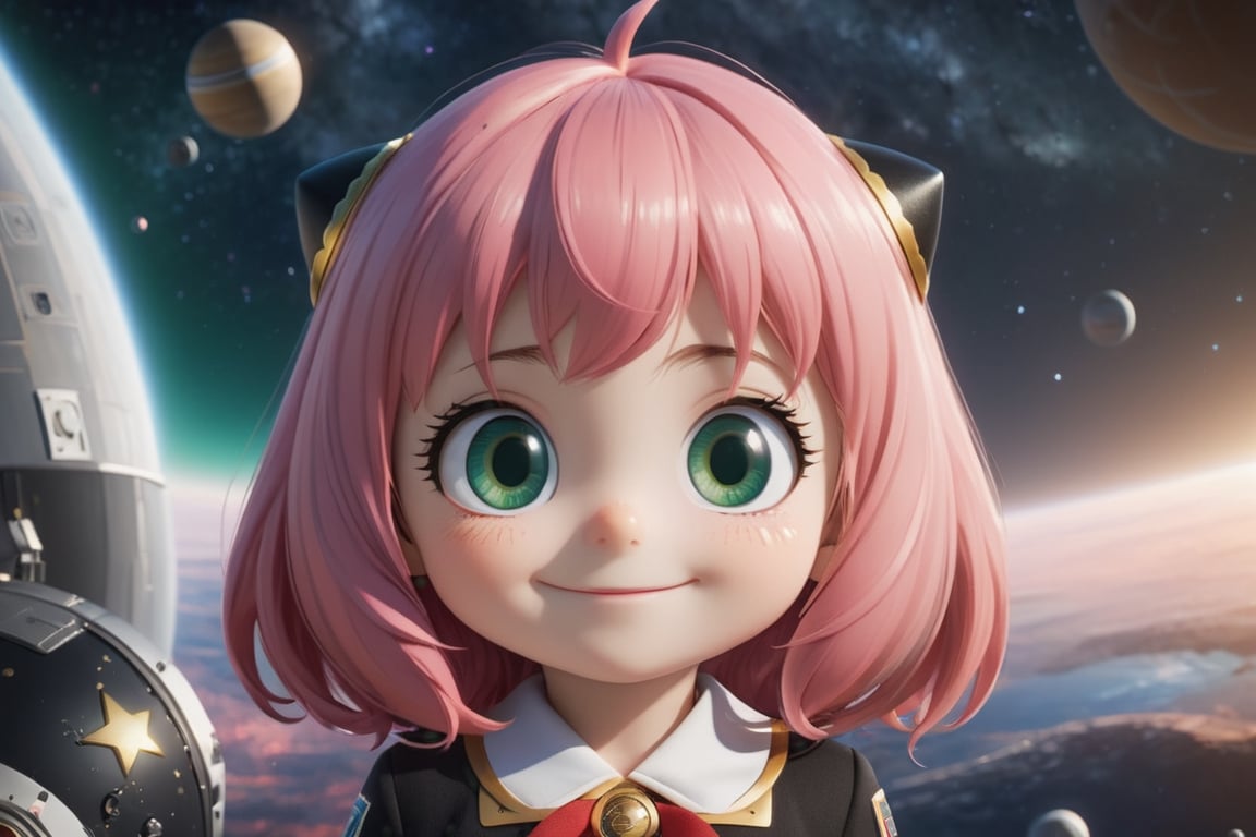 ((6 year old girl: 1.5)), 1 girl, bangs, ((pink hair: 1.3)), ((sagging eyes, animated eyes, big eyes, drooping eyes: 1.5)), (dark green eyes) , Natural Light, (( Realism: 1.2 )), Dynamic Landscape, Cinematic Lighting, Perfect Composition, Created by Sumic.mic, Super Detailed, Official Art, Masterpiece, (Top Quality: 1.3), Reflections, High Detail CG Unity 8K Wallpaper, Detailed Background, ((Straight Short Hair: 1.4)),
        , Details XL, Chibi Emote Style, Chibi, ((Eden School Uniform)), Smile,
        ((Full body: 1.4)), ((Extravehicular activity: 1.2)), Space, ((Conical black and gold hair ornament: 1.4)), A girl is floating in outer space. Many stars can be seen in the background. Anya Folger, Spy X Family