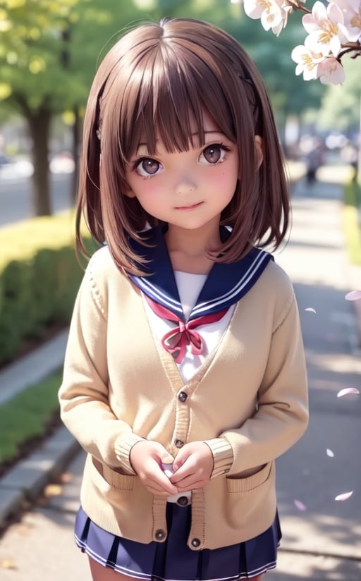 ((6-year-old girl: 1.5)), loli, petite girl, whole body, childish body, beautifully shining body, bangs, ((brown hair: 1.3)), tall eyes, (brown eyes), petite, tall eyes , Beautiful Girl with fine details, Beautiful and delicate eyes, Detailed face, Beautiful eyes, Natural light, ((Realism: 1.2 )), Dynamic long shot, Cinematic lighting, Perfect composition, Created by Sumic.mic, Super Detailed, Official Art, Masterpiece , (Best Quality: 1.3), Reflections, Highly Detailed CG Unity 8k Wallpaper, Detailed Background, Masterpiece, Best Quality, (Masterpiece), (Best Quality: 1.4), (Ultra High Resolution :1.2), (Surrealistic: 1.4), (Photorealistic: 1.2), Top quality, High quality, High resolution, Detail emphasis, ((Random hairstyle: 1.4)),
  ((Droopy eyes, animation, big eyes, droopy eyes: 1.2)), random pose ((random expression)), ((cardigan, school uniform, sailor uniform, navy pleated skirt: 1.4)), real, school uniform,sailor_girls,school uniform,AIDA_LoRA_BelK,best quality,((cherry blossoms, petals))
