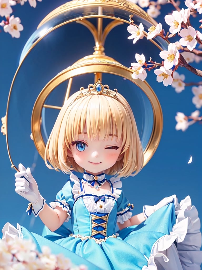 ((12year old girl:1.5)),1girl, loli, petite girl, Portrait, children's body, beautiful shining body, bangs,((blonde hair:1.3)),high eyes,(blue eyes), petite,tall eyes, beautiful girl with fine details, Beautiful and delicate eyes, detailed face, Beautiful eyes,((golden tiara with sapphire decoration)),((light blue gothic lolita ball gown:1.4)),((long skirt:1.7)),(( white neck ruffle, white frill)),((white tights)), blue shoes, ((white gloves with gold decoration)), natural light,((realism: 1.2 )), dynamic far view shot,cinematic lighting, perfect composition, by sumic.mic, ultra detailed, official art, masterpiece, (best quality:1.3), reflections, extremely detailed cg unity 8k wallpaper, detailed background, masterpiece, best quality , (masterpiece), (best quality:1.4), (ultra highres:1.2), (hyperrealistic:1.4), (photorealistic:1.2), best quality, high quality, highres, (short hair:1.4)),((tareme,animated eyes, big eyes,droopy eyes:1.2)),cherry tree,cherry blossoms,((Smile, eyes closed: 1.4)),(Cherry blossom background in full bloom:1.4)),perfect,hand,animemia,outdoor