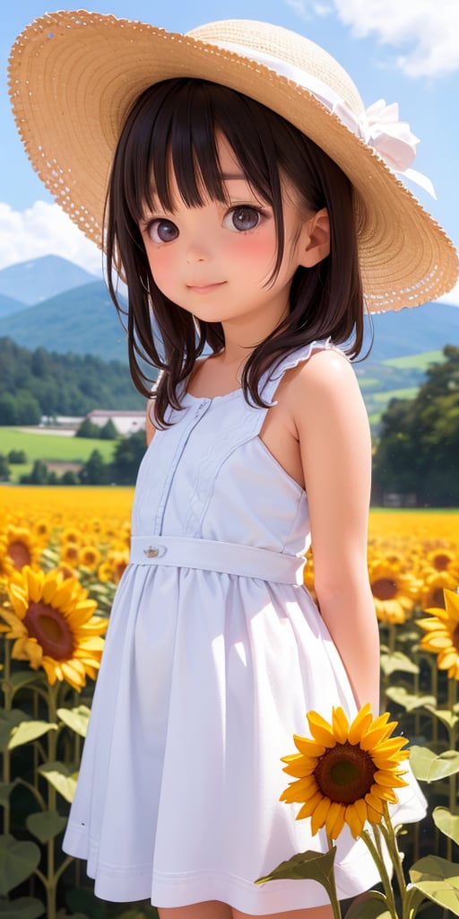 ((6year old girl:1.5)), 1 girl, loli, petite girl, complete anatomy, whole body, children's body, child, super cute, girl, little girl, beautiful girl, beautiful shining body, bangs,brown hair,high eyes,(aquamarine eyess), drooping eyes, petite,tall eyes, beautiful girl with fine details, Beautiful and delicate eyes, detailed face, Beautiful eyes, beautiful shining body, Smiles, happiness, ((one hat)), Whole body angle, Alps, Straw hat, white dress, short length dress,sunflower field, outdoor, alpine meadow,alps, natural light,((realism: 1.2)), dynamic far view shot,cinematic lighting, perfect composition, by sumic.mic, ultra detailed, official art, masterpiece, (best quality:1.3), reflections, extremely detailed cg unity 8k wallpaper, detailed background, masterpiece, best quality, (masterpiece), (best quality:1.4), (ultra highres:1.2), (hyperrealistic:1.4), (photorealistic:1.2), best quality, high quality, highres, detail enhancement,masterpiece,