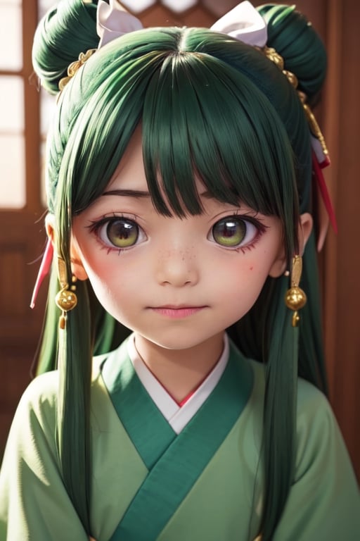 ((6year old girl:1.5)), loli, petite girl, Portrait, children's body, beautiful shining body, (( bangs)),high eyes,(brown eyes:1.4), petite,tall eyes, beautiful girl with fine details, Beautiful and delicate eyes, detailed face, Beautiful eyes,natural light,((realism: 1.2 )), dynamic far view shot,cinematic lighting, perfect composition, by sumic.mic, ultra detailed, official art, masterpiece, (best quality:1.3), reflections, extremely detailed cg unity 8k wallpaper, detailed background, masterpiece, best quality , (masterpiece), (best quality:1.4), (ultra highres:1.2), (hyperrealistic:1.4), (photorealistic:1.2), best quality, high quality, highres, detail enhancement, ((long hair:1.4)),
((tareme,animated eyes, big eyes,droopy eyes:1.2)),deformed Anime ,smirk,
1girl hair ribbon hair ornament, hanfu green shirt wide sleeves red skirt long skirt ,  indoors, east asian architecture,((hair ribbon hair ornament,bun)),((Portrait)),maomao,((Dark green hair:1.4)),
shangfu,lady in waiting,jinshi,[[[freckles]]]
