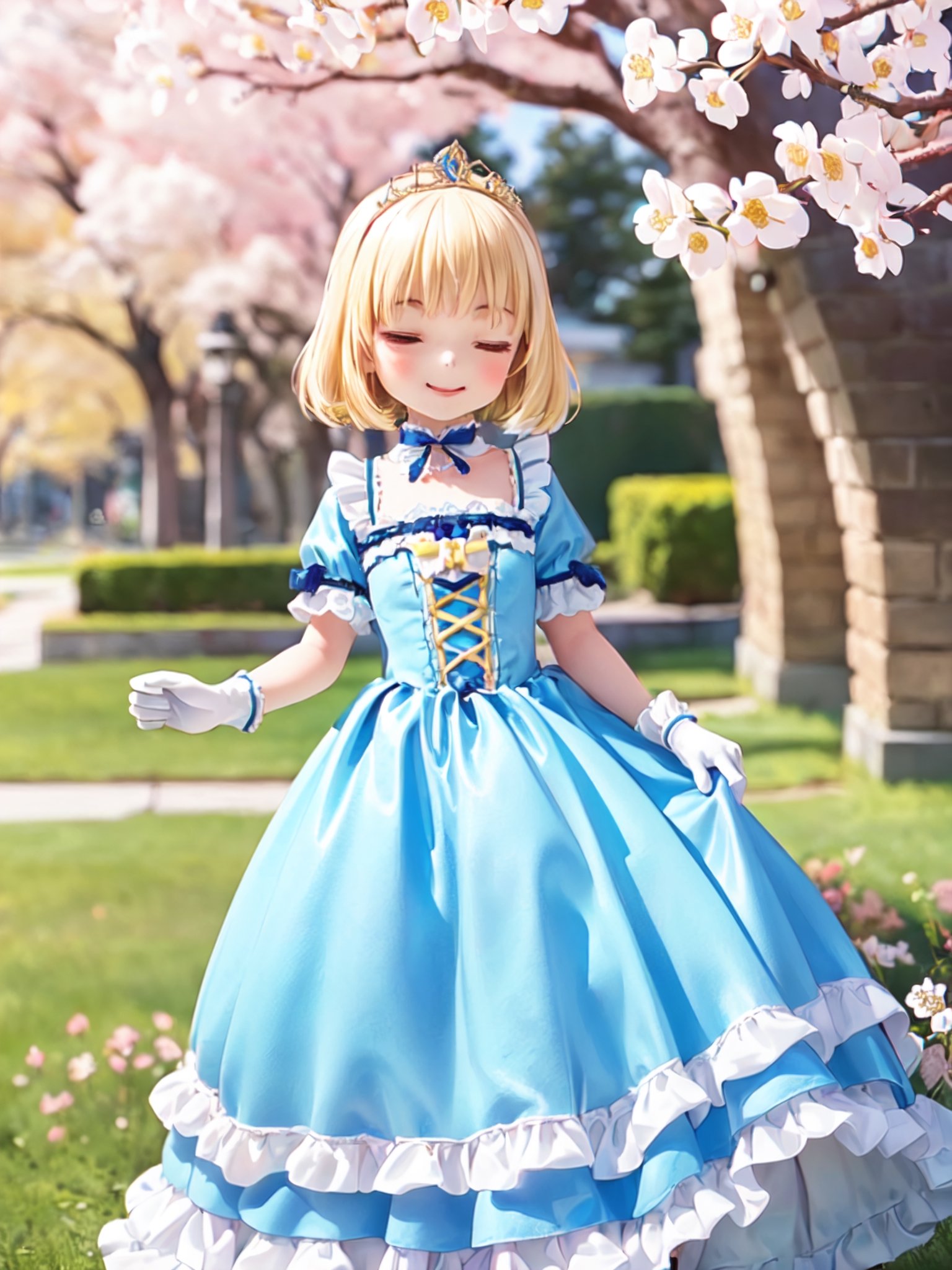 ((12year old girl:1.5)),1girl, loli, petite girl, Portrait, children's body, beautiful shining body, bangs,((blonde hair:1.3)),high eyes,(blue eyes), petite,tall eyes, beautiful girl with fine details, Beautiful and delicate eyes, detailed face, Beautiful eyes,((golden tiara with sapphire decoration)),((light blue gothic lolita ball gown:1.4)),((long skirt:1.7)),(( white neck ruffle, white frill)),((white tights)), blue shoes, ((white gloves with gold decoration)), natural light,((realism: 1.2 )), dynamic far view shot,cinematic lighting, perfect composition, by sumic.mic, ultra detailed, official art, masterpiece, (best quality:1.3), reflections, extremely detailed cg unity 8k wallpaper, detailed background, masterpiece, best quality , (masterpiece), (best quality:1.4), (ultra highres:1.2), (hyperrealistic:1.4), (photorealistic:1.2), best quality, high quality, highres, (short hair:1.4)),((tareme,animated eyes, big eyes,droopy eyes:1.2)),cherry tree,cherry blossoms,((Smile, eyes closed: 1.4)),(Cherry blossom background in full bloom:1.4)),perfect,hand,animemia,outdoor