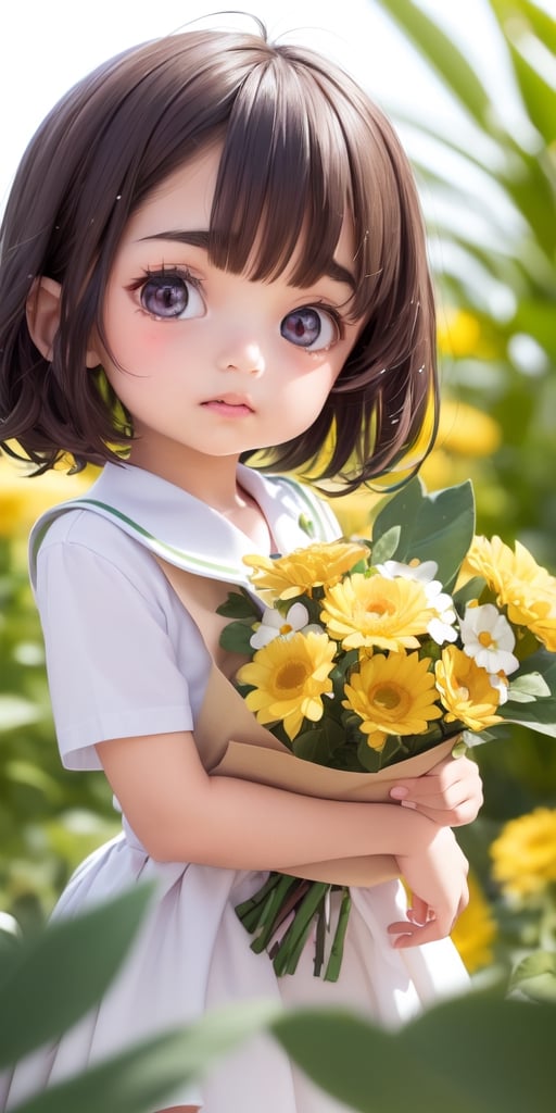 ((6year old girl:1.5)), ((Portrait)),1girl, loli, petite girl,  whole body, children's body, beautiful shining body, bangs,((darkbrown hair:1.3)),high eyes,(aquamarine eyes), petite,tall eyes, beautiful girl with fine details, ((Beautiful and delicate eyes,Beautiful eyes:1.4)), detailed face, natural light,((realism: 1.2 )), dynamic far view shot,cinematic lighting, perfect composition, by sumic.mic, ultra detailed, official art, masterpiece, (best quality:1.3), reflections, extremely detailed cg unity 8k wallpaper, detailed background, masterpiece, best quality , (masterpiece), (best quality:1.4), (ultra highres:1.2), (hyperrealistic:1.4), (photorealistic:1.2), best quality, high quality, highres, detail enhancement, ((very short hair:1.4)),
((tareme,animated eyes, big eyes,droopy eyes:1.2)),((random expression)),,random Angle,((school uniform:1.4)),((thick eyebrows:1.1)),perfect,((manga like visual)),((little girl with a bouquet of flowers:1.4)),perfect light