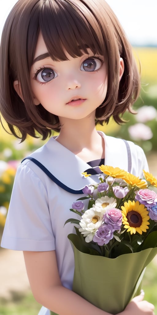 ((6year old girl:1.5)), ((Portrait)),1girl, loli, petite girl,  whole body, children's body, beautiful shining body, bangs,((darkbrown hair:1.3)),high eyes,(aquamarine eyes), petite,tall eyes, beautiful girl with fine details, ((Beautiful and delicate eyes,Beautiful eyes:1.4)), detailed face, natural light,((realism: 1.2 )), dynamic far view shot,cinematic lighting, perfect composition, by sumic.mic, ultra detailed, official art, masterpiece, (best quality:1.3), reflections, extremely detailed cg unity 8k wallpaper, detailed background, masterpiece, best quality , (masterpiece), (best quality:1.4), (ultra highres:1.2), (hyperrealistic:1.4), (photorealistic:1.2), best quality, high quality, highres, detail enhancement, ((very short hair:1.4)),
((tareme,animated eyes, big eyes,droopy eyes:1.2)),((random expression)),,random Angle,((school uniform:1.4)),((thick eyebrows:1.1)),perfect,((manga like visual)),((little girl with a bouquet of flowers:1.4)),perfect light