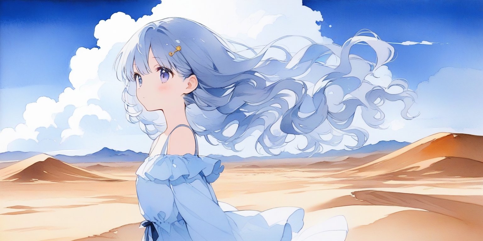 (finely best quality illustration:1.2), (kawaii girl:1.1), (1girl, solo:1), coquettish skin, watercolor painting, pencil drawing, 
silver hair, wavy hair, hair pin,

desert, beautiful blue sky, cumulonimbus,wind from side