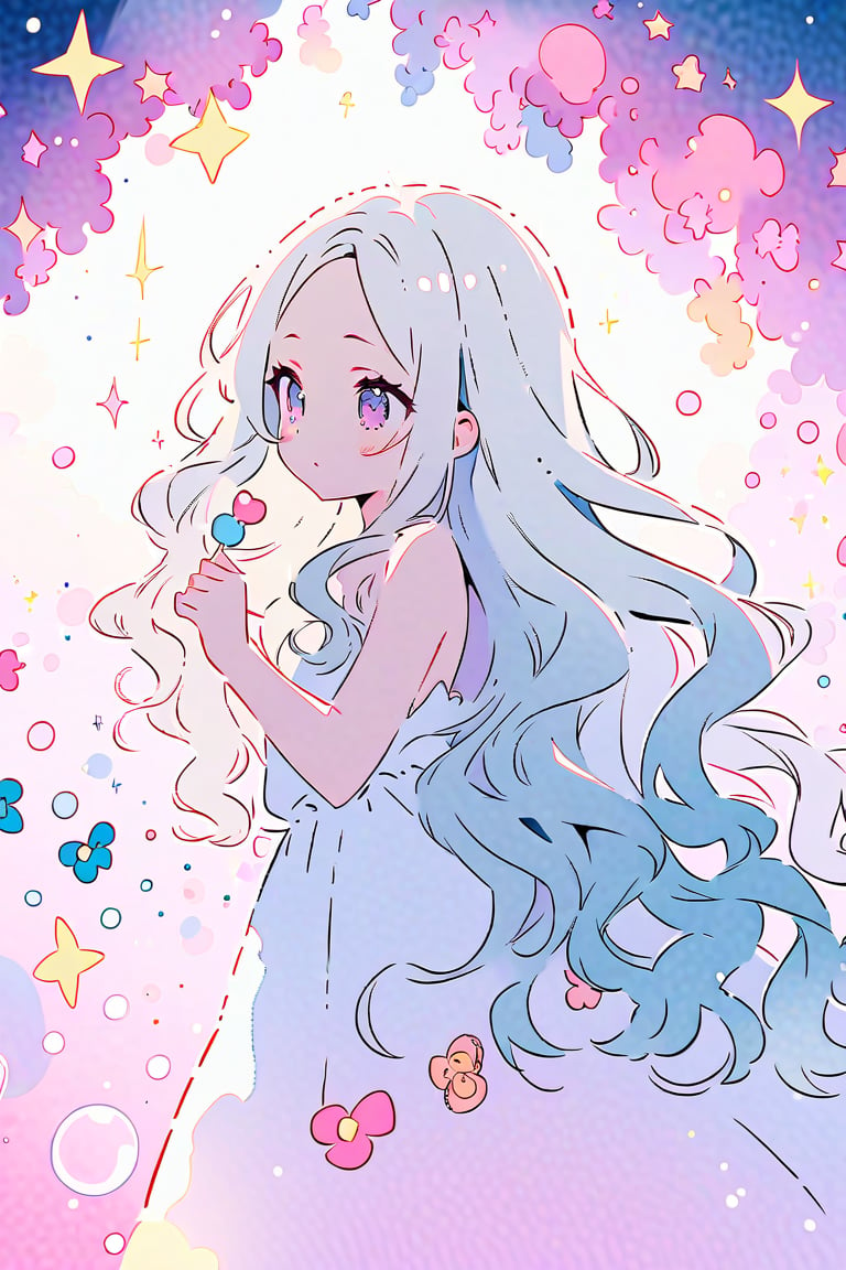 (finely best quality illustration:1.2), (kawaii girl:1.1), (1girl, solo:1), coquettish skin, 
silver hair, wavy hair, hair,

pop, candy, kawaii, watercolor medium, dramatic angle,  lowing long hair, parted bangs, grey hair, flowery bubbles, the bottom of the bottle background, sparkle, 