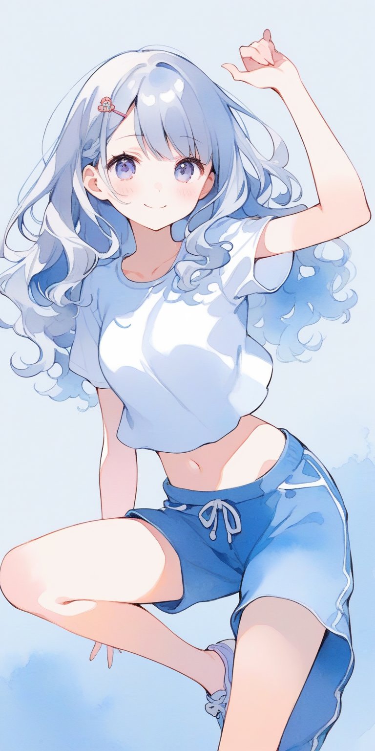 (finely best quality illustration:1.2), (kawaii girl:1.1), (1girl, solo:1), coquettish skin, watercolor painting, pencil drawing, 
silver hair, wavy hair, hair pin,

A young female character is dressed in casual, sporty clothing. She is wearing loose-fitting pants and a crop top, standing in a dynamic pose with one leg slightly raised and a gentle smile on her face. Her hair is short and light-colored, flowing freely, and her expression is soft. The background is simple, focusing on the details of the character.