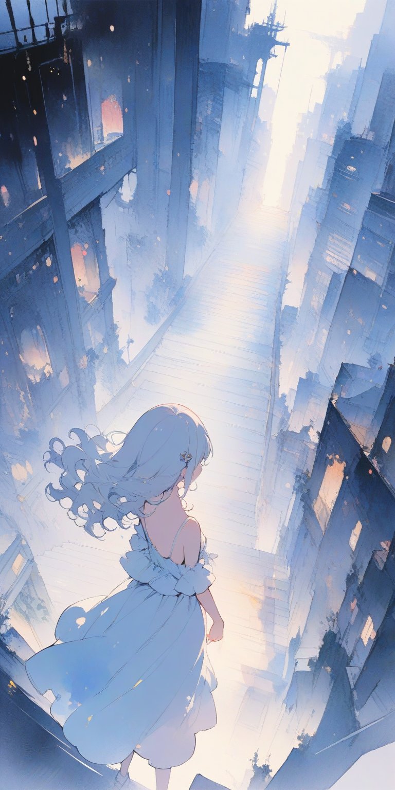 (finely best quality illustration:1.2), (kawaii girl:1.1), (1girl, solo:1), coquettish skin,  watercolor painting, pencil drawing,

silver hair, wavy hair, hair pin, 

A big city with a big blackout at midnight, pitch black, a view from 3,000 meters above the ground, a girl with mechanical wings in a white dress dancing in the distance, making a staircase that leads to heaven.