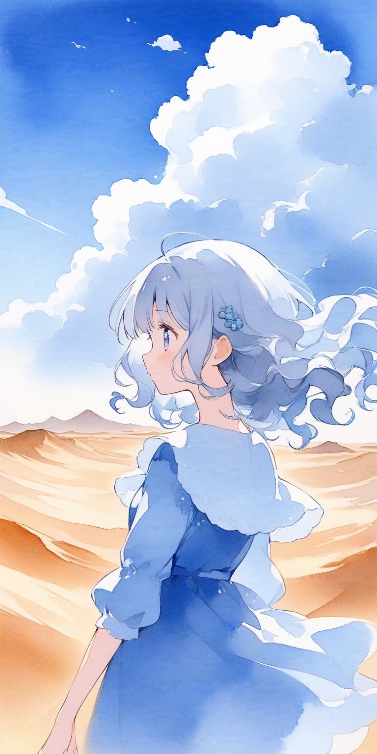 (finely best quality illustration:1.2), (kawaii girl:1.1), (1girl, solo:1), coquettish skin, watercolor painting, pencil drawing, 
silver hair, wavy hair, hair pin,

desert, beautiful blue sky, cumulonimbus,wind from side